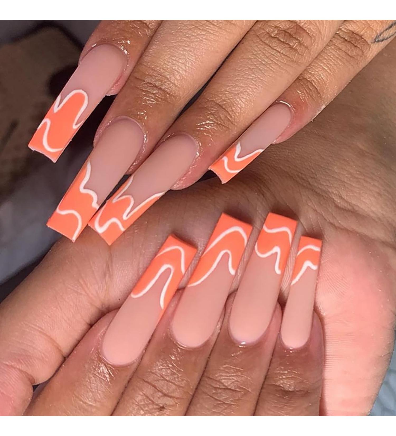 Brishow Artificial Long False Nails - 24pcs Wave Press On Nails for Women & Girls (Orange) - International Shipping Available - Buy Online on SooperMarket.com