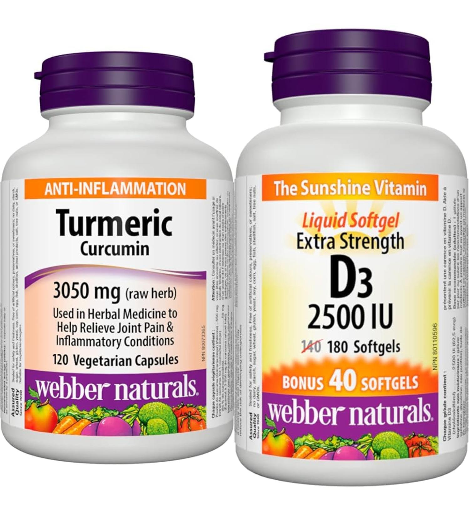 Webber Naturals Turmeric Curcumin 3 050 mg of Raw Herb 120 Capsules Antioxidant Support & Vitamin D3 2500 IU Extra Strength 180 Softgels For Healthy Bones Teeth - Buy Online on SooperMarket.com