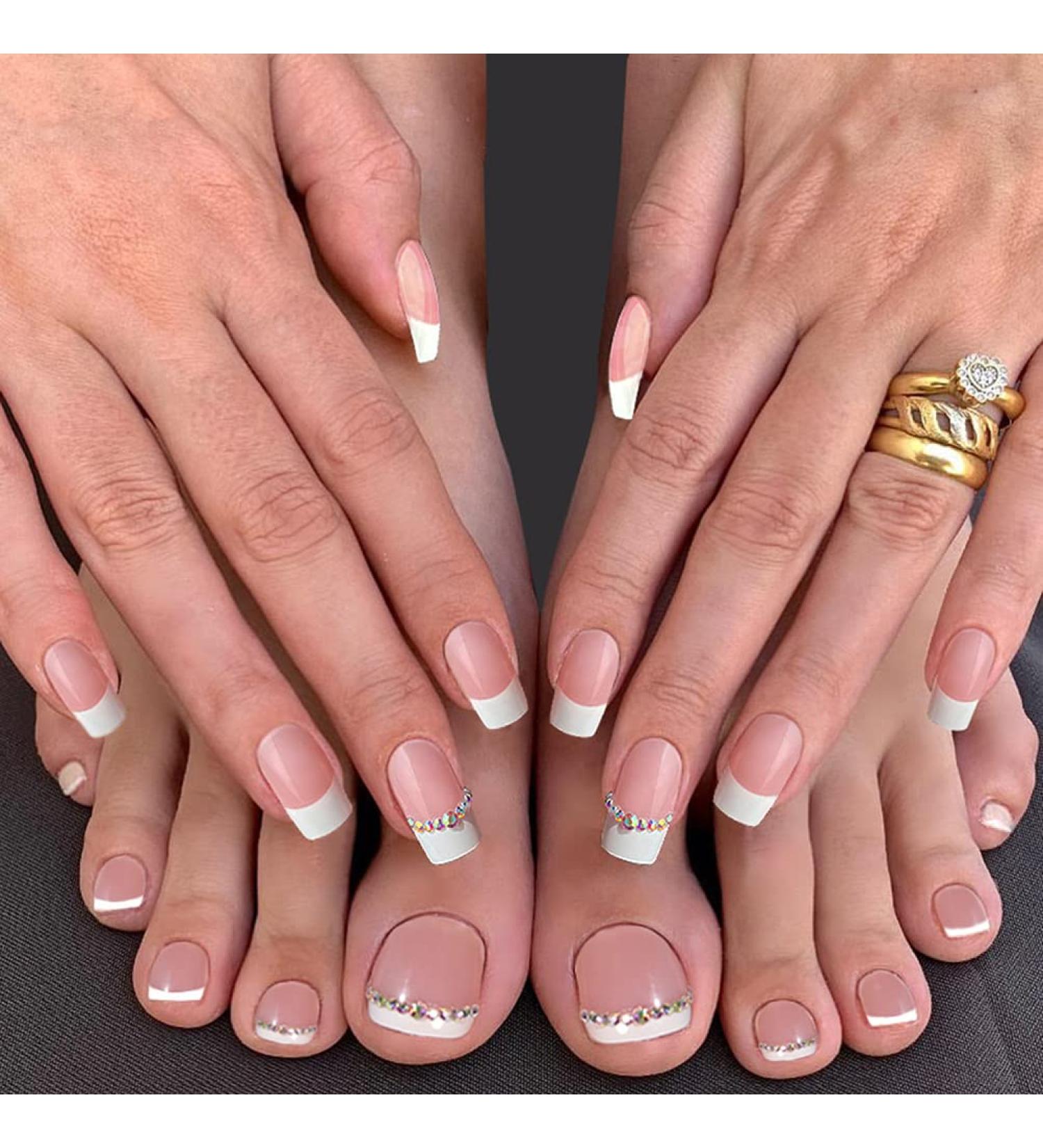 White Rhinestone French Tip Press on Toenails - 48Pcs Full Cover False Nails for Women - Buy Online on SooperMarket.com