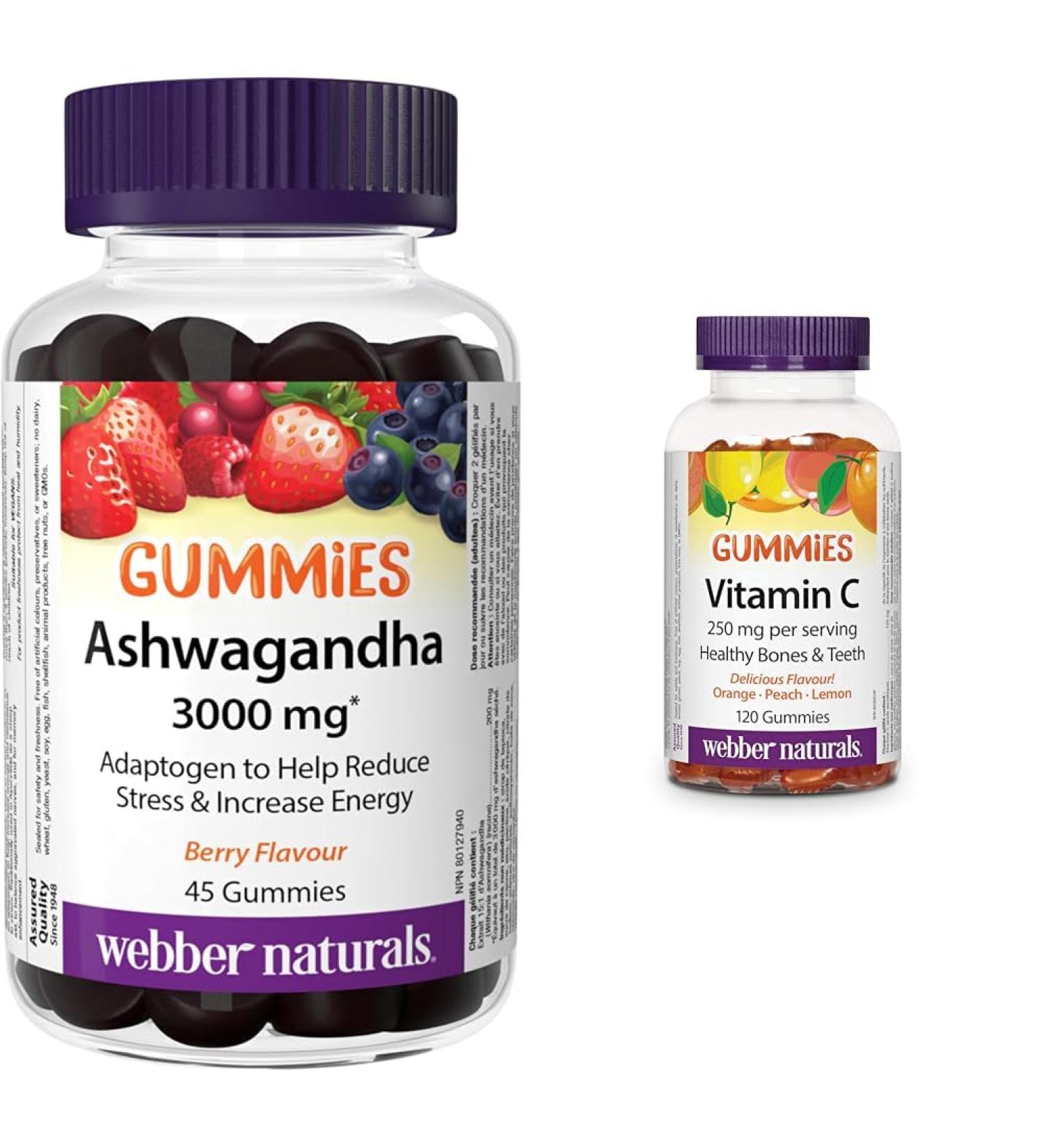 Webber Naturals Ashwagandha Gummy 45 Berry Flavoured Gummies & Vitamin C Gummy 125 mg 120 Gummies For Bones Teeth Immune and Antioxidant Health Vegan - Buy Online on SooperMarket.com