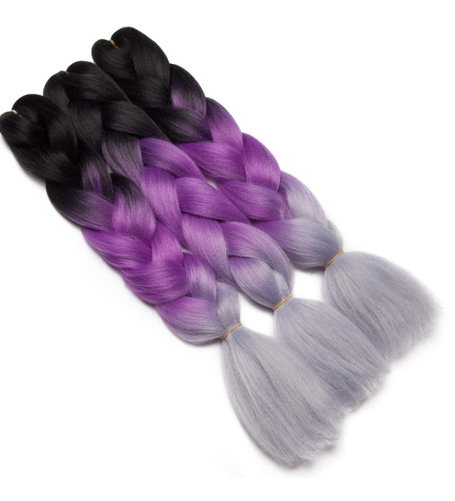 Tess Braids Extensions 60 cm | Jumbo KanCalon Ombre Hair Braids - Black/Purple/Gray - 100g Bundle for Box Braids - Buy Online on SooperMarket.com
