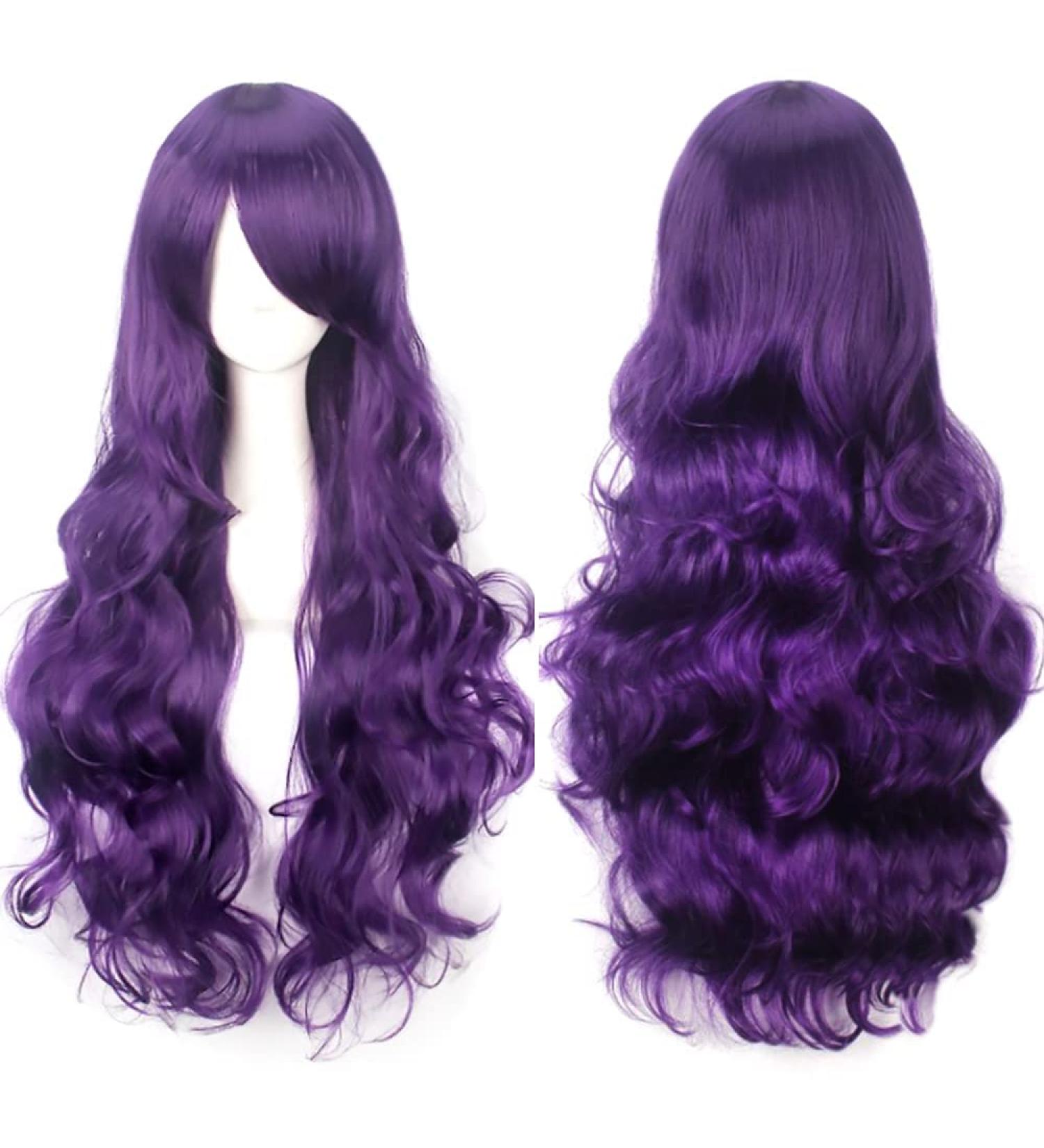 YEESHEDO 32" 80 cm Long Wavy Curly Hair Cosplay Wigs with Bangs for Women Heat Resistant Synthetic Wig for Party Costume Anime Halloween (Dark Purple)