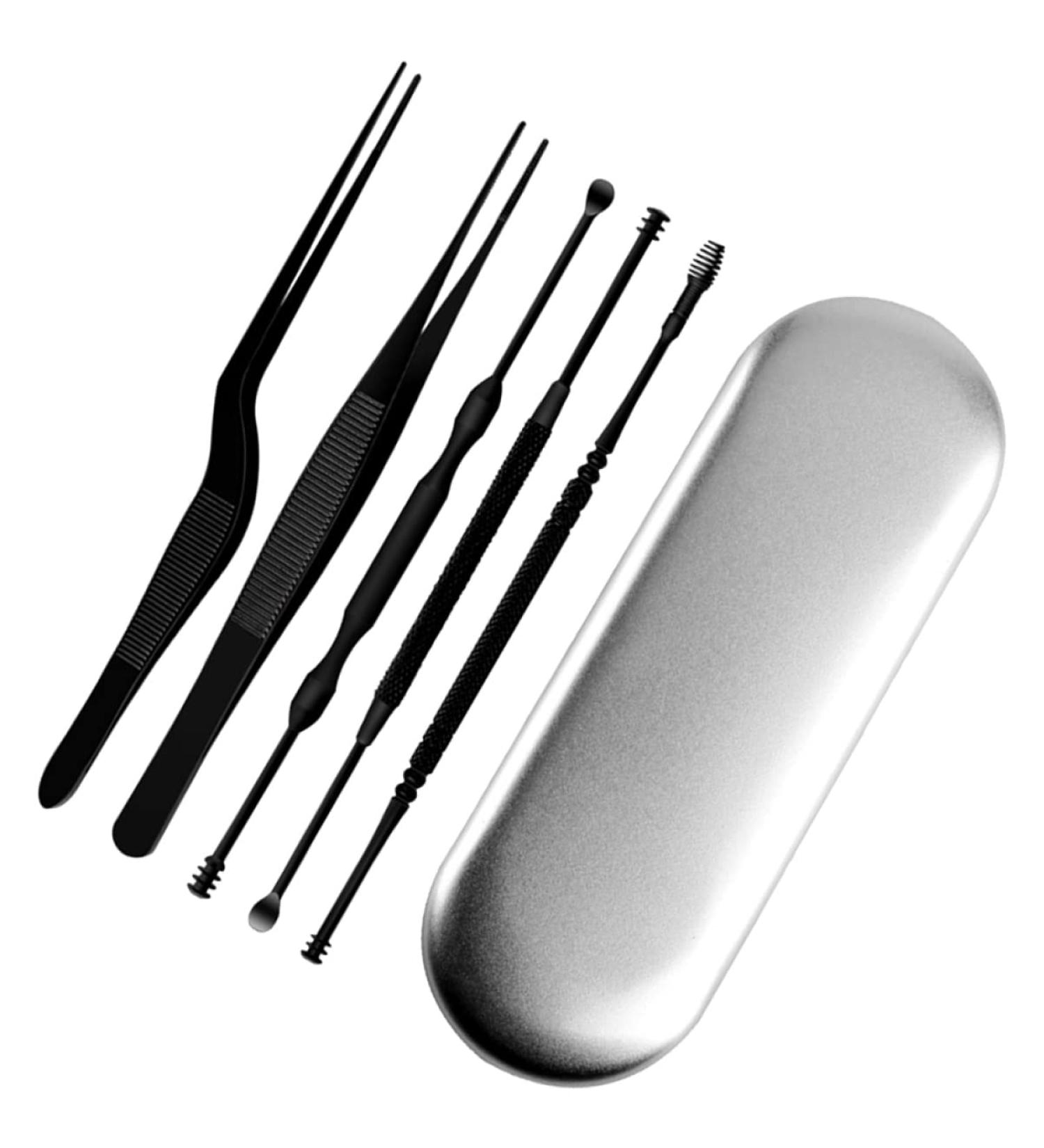 Healeved 6pcs Stainless Steel Wax Removal Kit with Padded Tools - Earwax Removal for Adults - Safe and Efficient Cleaning - Silver/Black - 14.2x1cm - Buy Online on SooperMarket.com