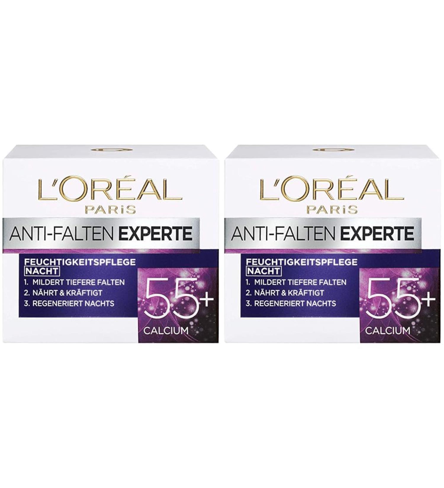 L'Or al Paris Night Care - Anti-Aging Moisturizing Cream with Calcium for Wrinkles - Expert 55+ | 2 Pack (50 ml each) - International Shipping Available - Buy Online on SooperMarket.com