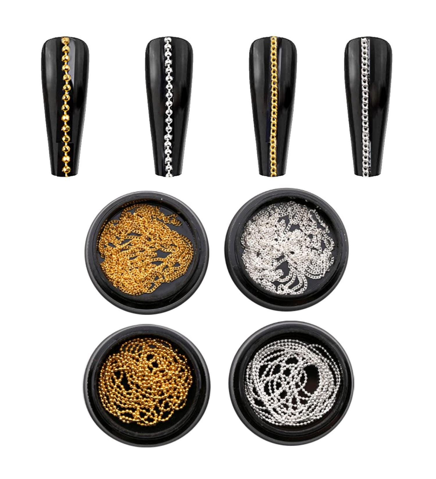 Nail Chain 4 Strips Gold Silver Metal Nail Art Chains 3D Nail Charms Punk Nail Studs Nail Art Decorations for Manicure Design DIY Crafts (Gold+Silver) - Buy Online on SooperMarket.com