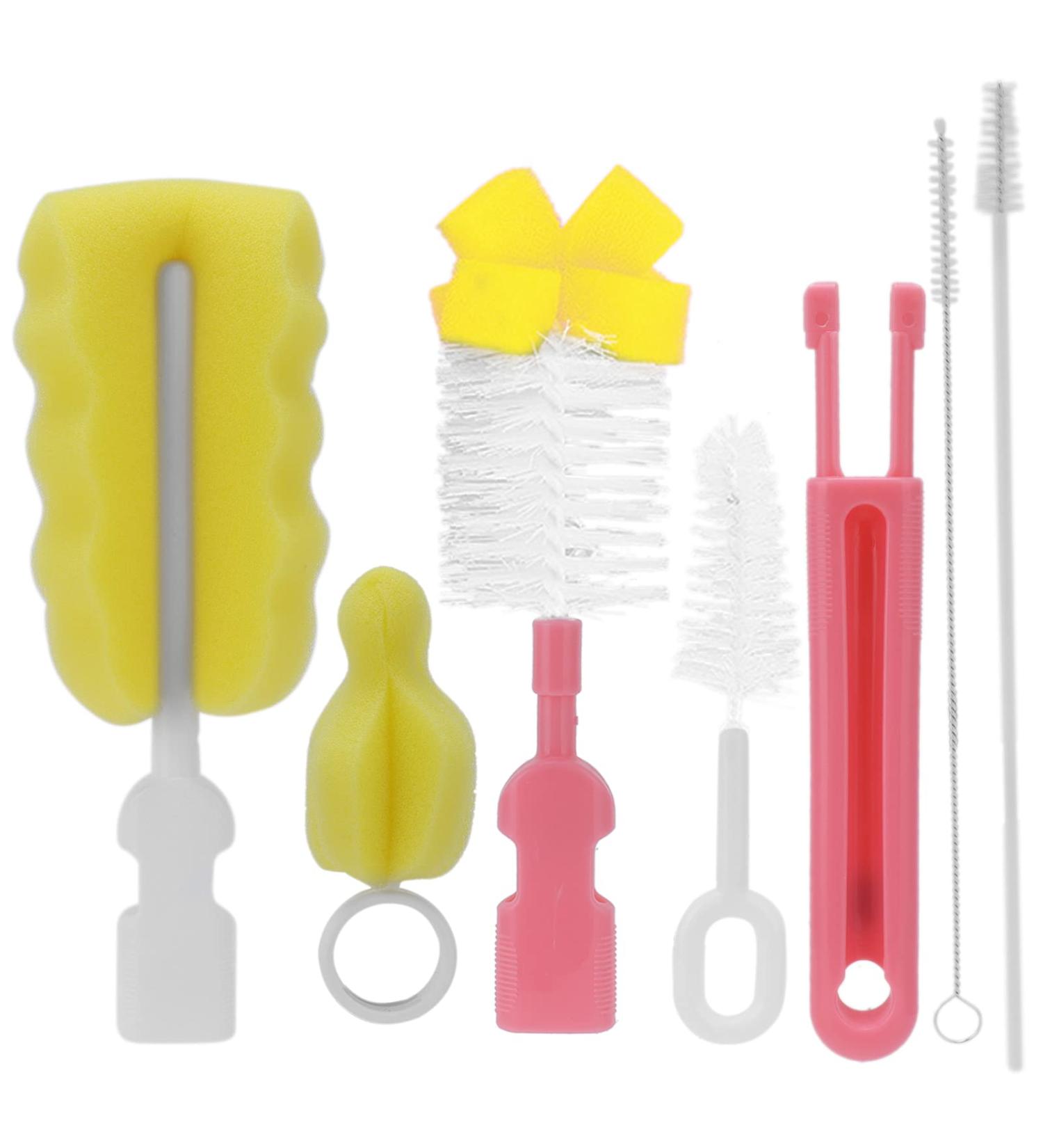 Moum Routes 6-Part Baby Bottle Cleaning Brush Set - Eco-Friendly Non-Slip Handle Interchangeable Sponges Travel Pink Set - Buy Online on SooperMarket.com