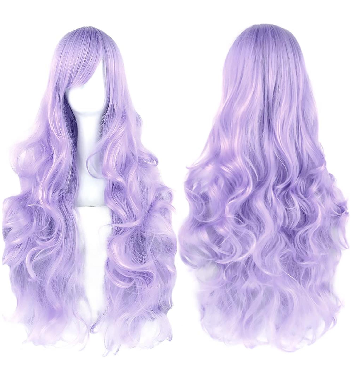 YEESHEDO 32 Long Wavy Curly Cosplay Wig with Bangs - Light Purple Synthetic Hair for Women & Girls - Heat Resistant Costume Wig for Anime Halloween Party - Buy Online on SooperMarket.com