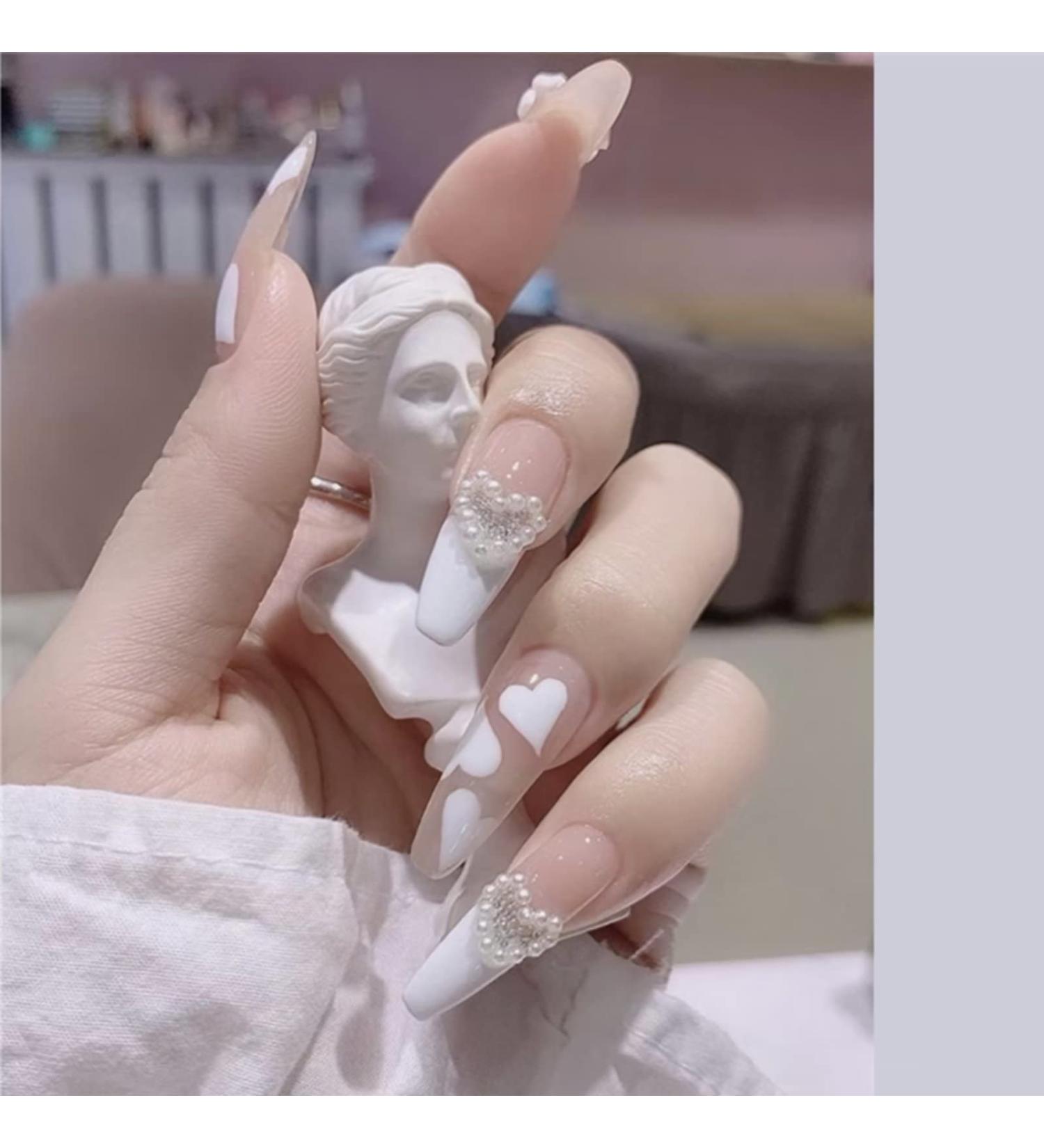 White French Tip Press On Nails with Pearl Heart Design - 24Pcs Acrylic Nude Nail Press On for Women and Girls - Buy Online on SooperMarket.com