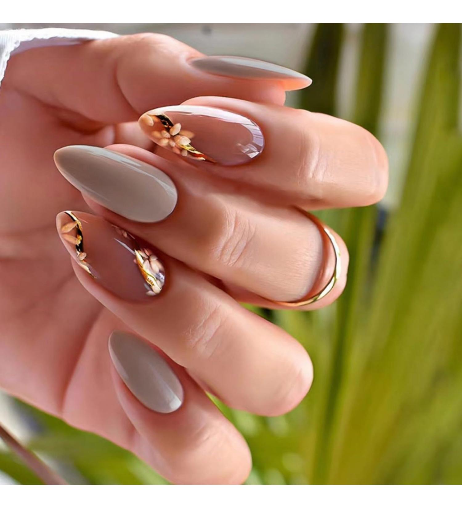 Justotry 24 Pcs Floral Stiletto False Nails - Medium Grey French Press on Nails with Trendy Gold Swirl Pattern | Short Almond Fake Nails for Women with Nail Glue - Nail Art Flower & Grey - Buy Online on SooperMarket.com