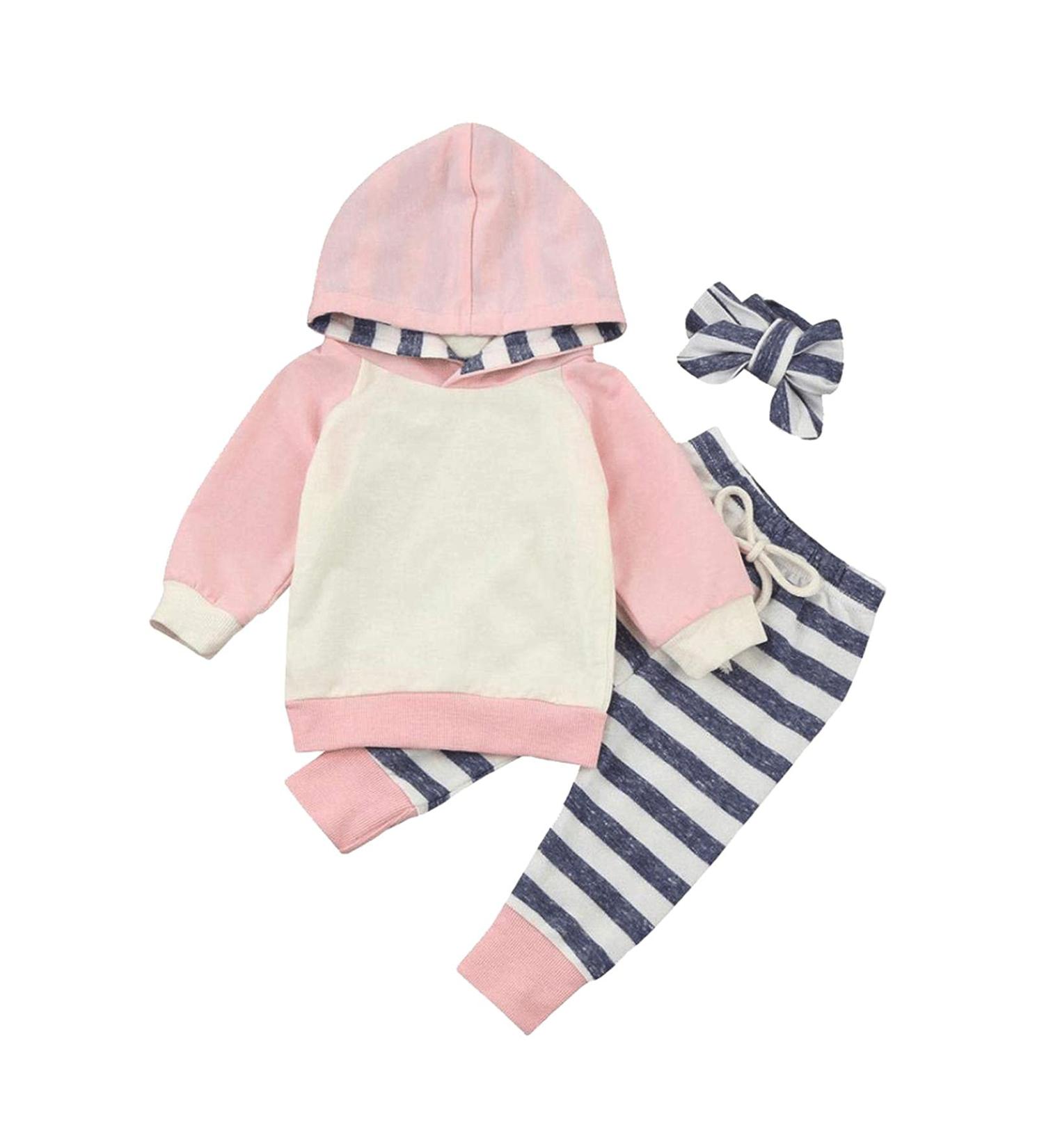 Toddler Hooded Sweatshirt & Pants Set - Pink Stripe | 3-6 Months - Buy Online on SooperMarket.com