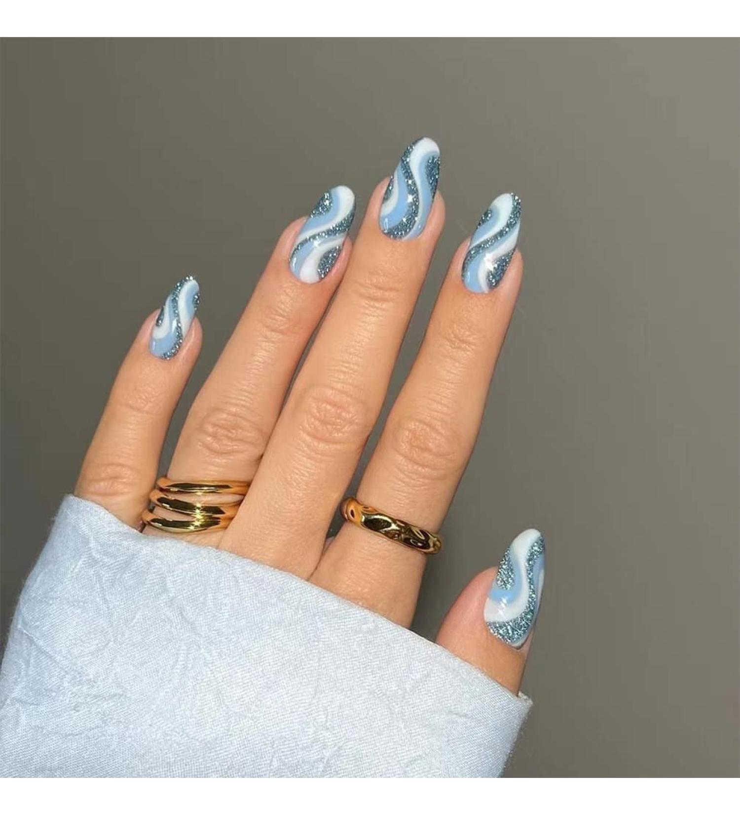 Sethexy Glitter Almond False Nails - 24 Pcs Swirl Press-On Nails for Women & Girls | Blue Hawaii Acrylic Stick-On Nails - Buy Online on SooperMarket.com