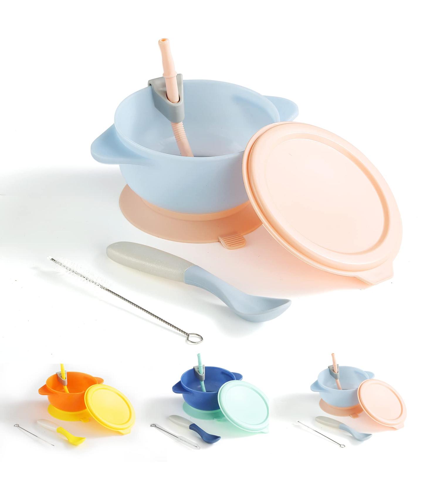 Kyraton Baby Bowls | Suction Bowls with Straw and Spoon | Unbreakable & Reusable | Light Blue | Slip Resistant & Durable - Buy Online on SooperMarket.com