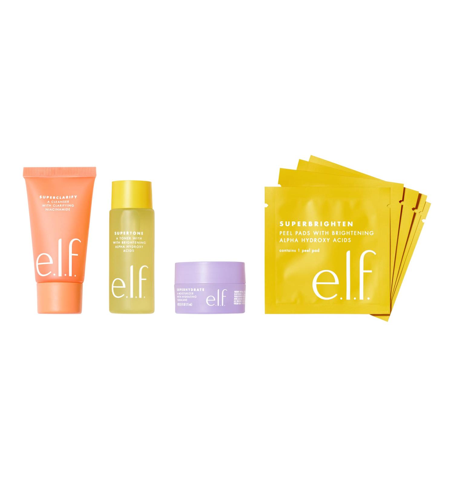 e.l.f. Skin Supers Mini Kit - Brightening Skincare Set with Toner Cleanser Moisturizer & Exfoliating Peel Pads for Smooth Hydrated Skin - International Shipping Available - Buy Online on SooperMarket.com