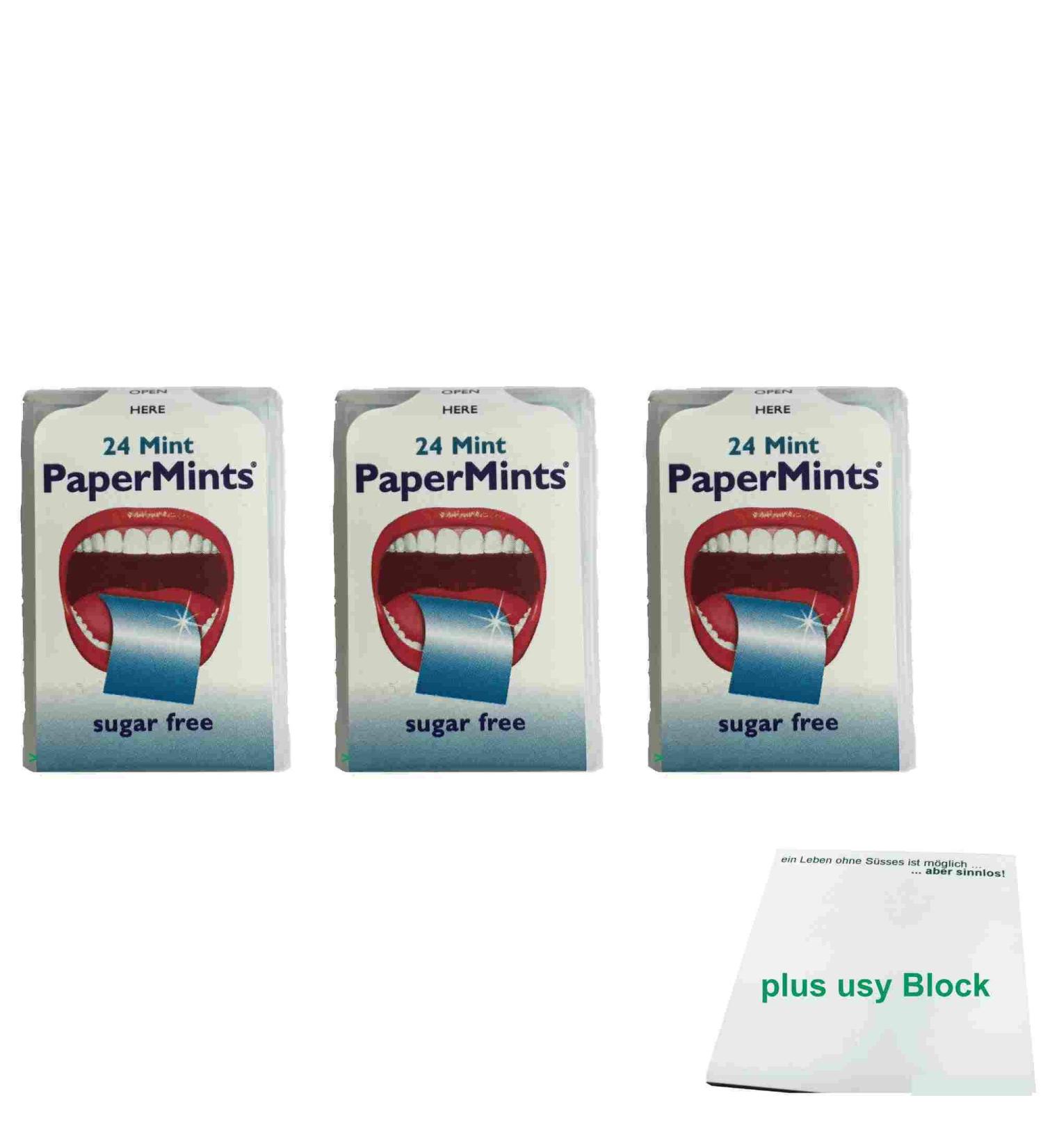 PaperMints Cool Mint Strips Fresh Breath Sugarfree 3-pack (3x24 pieces mint leaves) + usy block