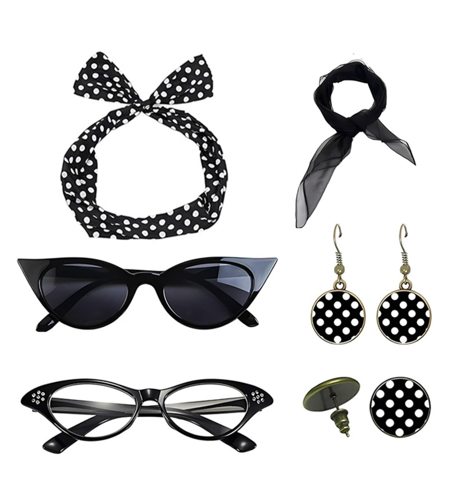 Lesunbak 50s Accessories for Women | 1950s Outfit with Headbands and Drop Earrings Costume Accessories with Red Bow Headband Vintage Polka Dot Hair Bands Cat Eye Glasses Black One Size - Buy Online on SooperMarket.com