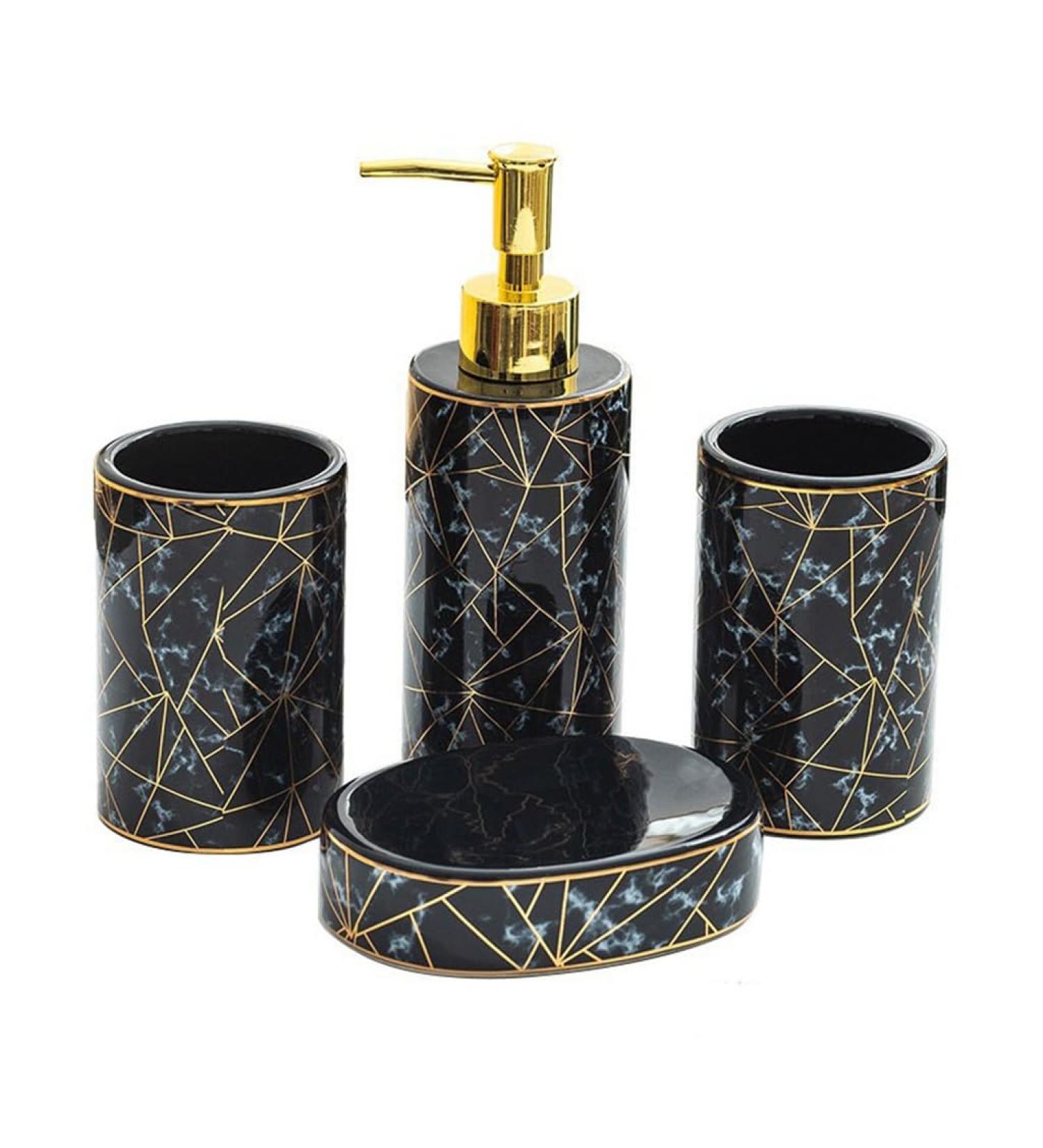 Shop 4-Piece Ceramic Bathroom Toiletries Set | Lotion Bottle & Toothbrush Holder | Elegant Household Items - International Shipping Available - Buy Online on SooperMarket.com