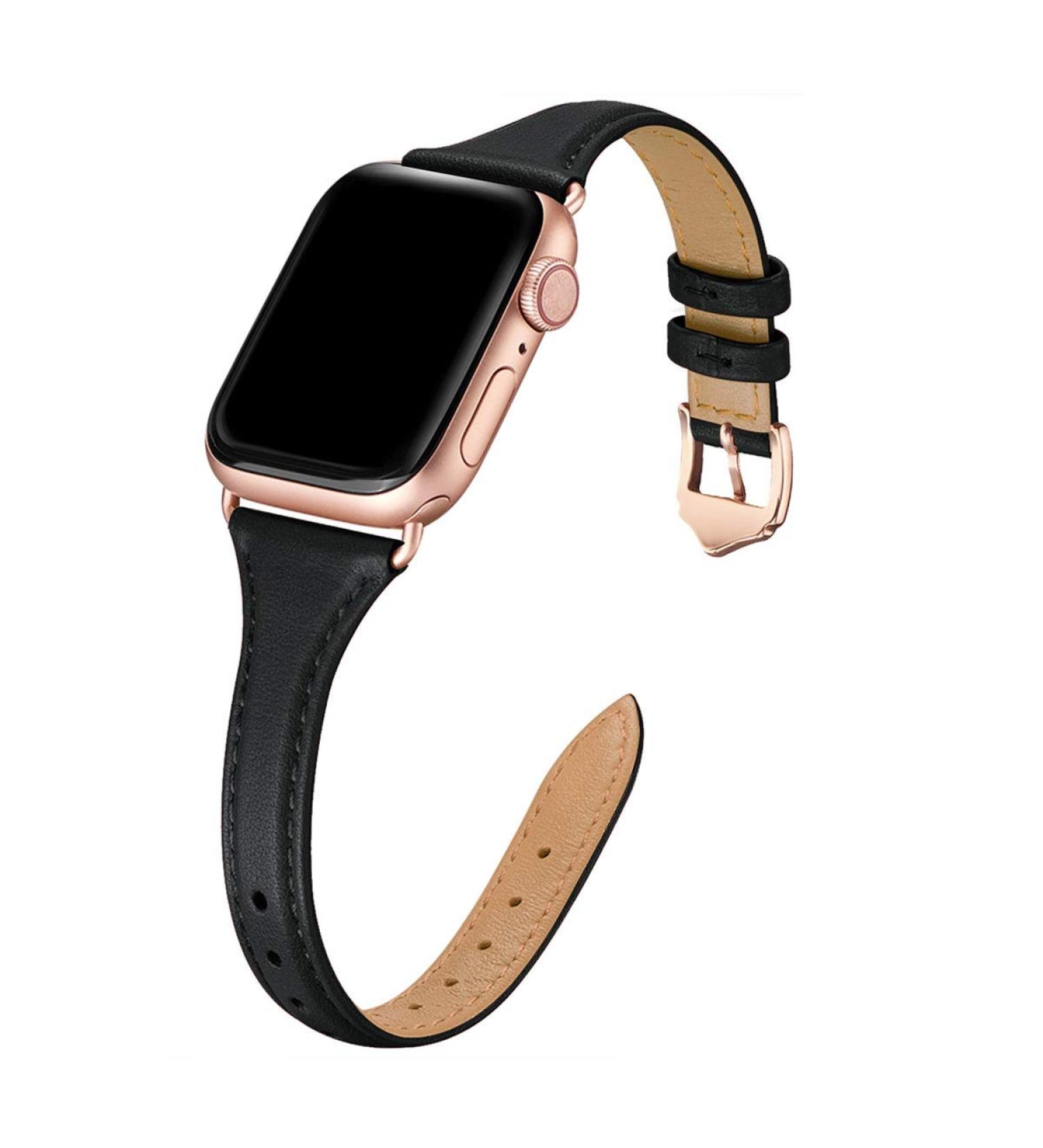 WFEAGL Top Grain Leather Band for Apple Watch 38mm-45mm - Slim Replacement Wristband for iWatch SE & Series 8 - Black/RoseGold - Women - Buy Online on SooperMarket.com