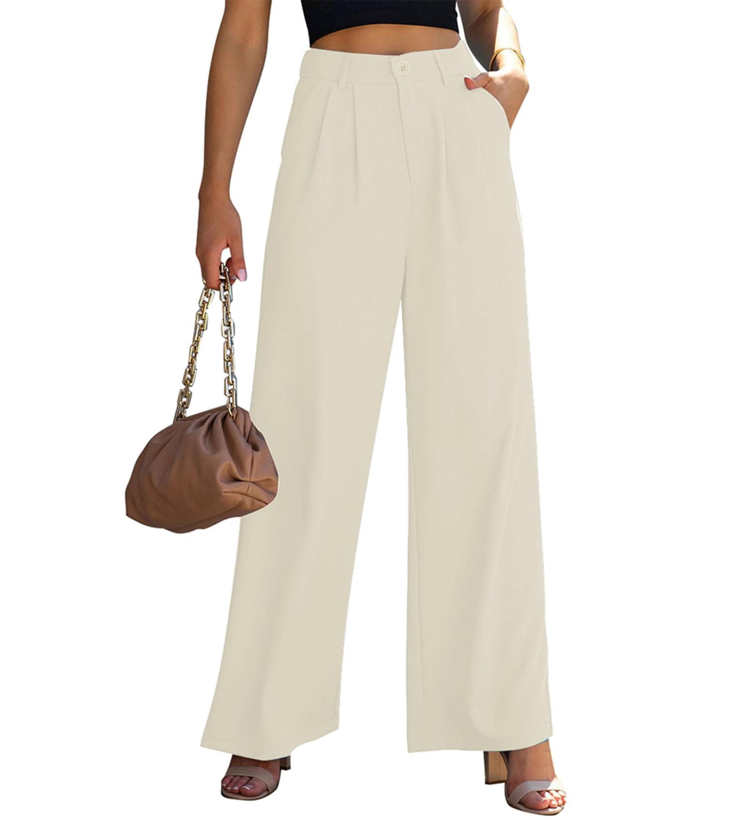 Vetinee Wide Leg High Waisted Dress Pants for Women XL - Vanilla Ice | Business Office Trousers with Pockets - Buy Online on SooperMarket.com