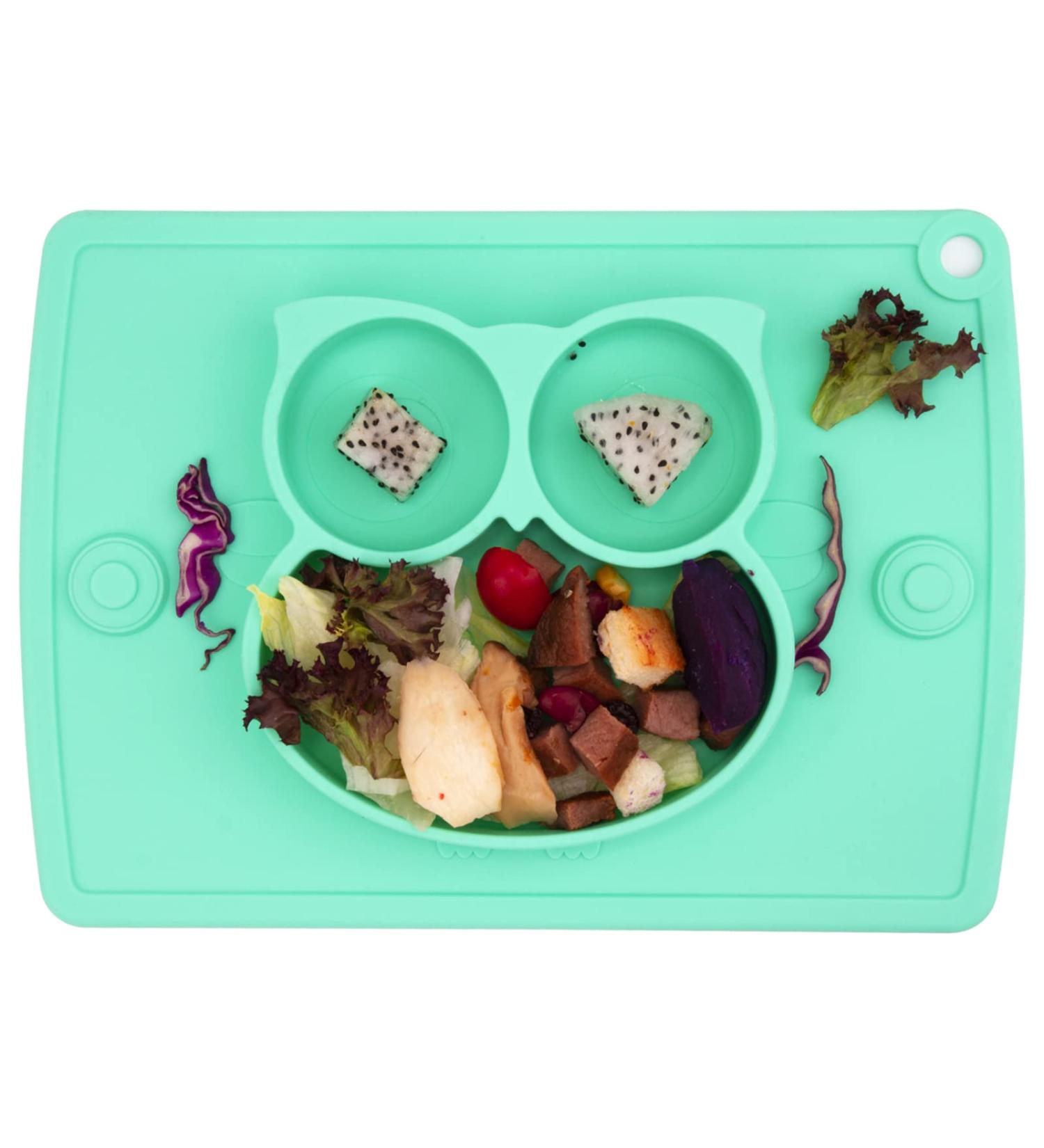 Silicone Divided Toddler Plate Set - Non Slip Suction Baby Dinner Plates with Spoon & Fork | BPA Free & FDA Approved - 5owl-cyan - Buy Online on SooperMarket.com