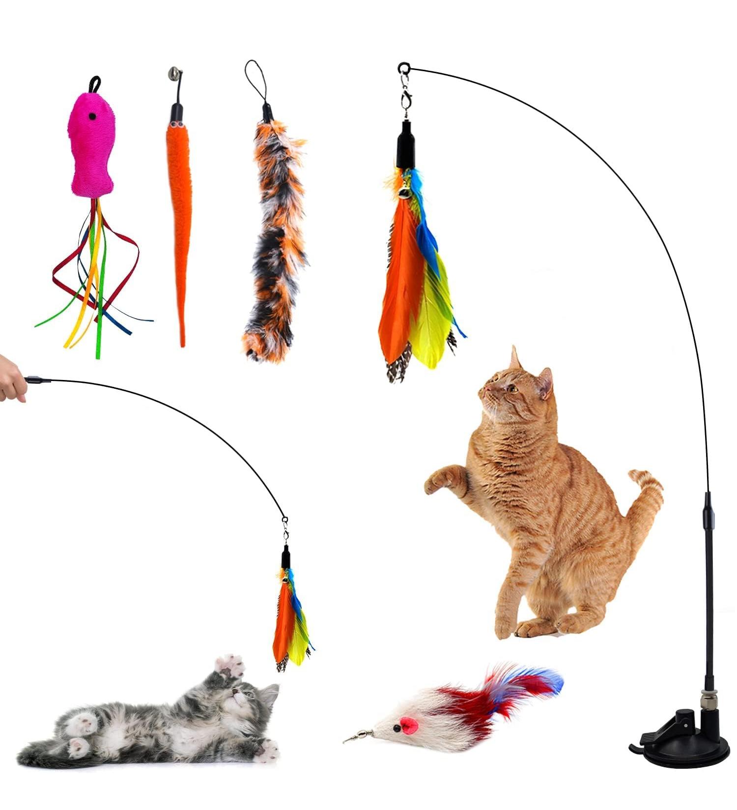 Autoau Interactive Cat Toy with Suction Cup Bird Feather Teaser Wand - Ideal for Indoor Cats and Kittens - 5 Bells, Feather Filler, Training Tool - Buy Online on SooperMarket.com