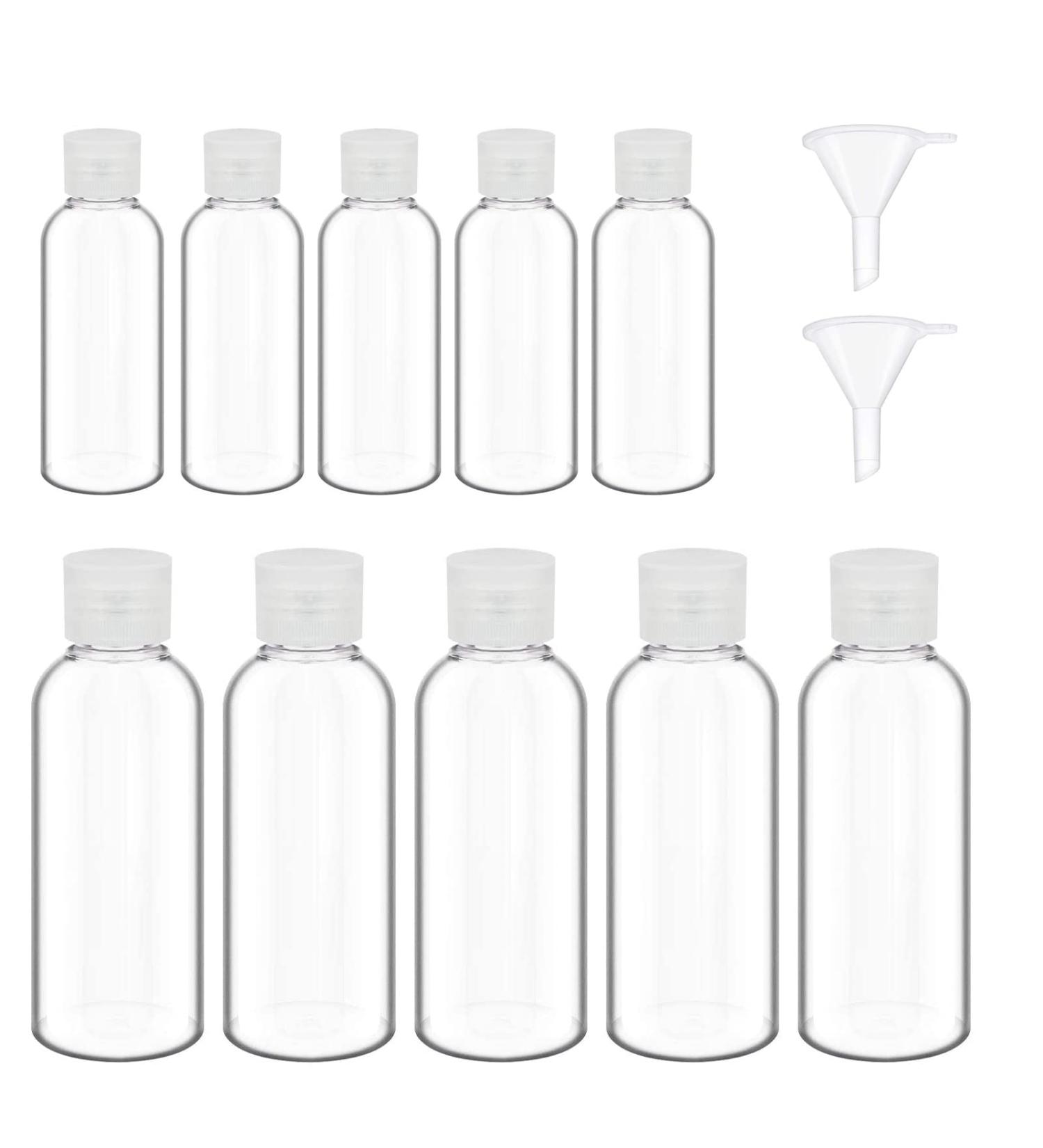 10 Piece Transparent Travel Bottles Set - Refillable Liquid Containers for Lotions & Shampoo with Funnels (50ml & 100ml) - Safe Travel Accessories - Buy Online on SooperMarket.com