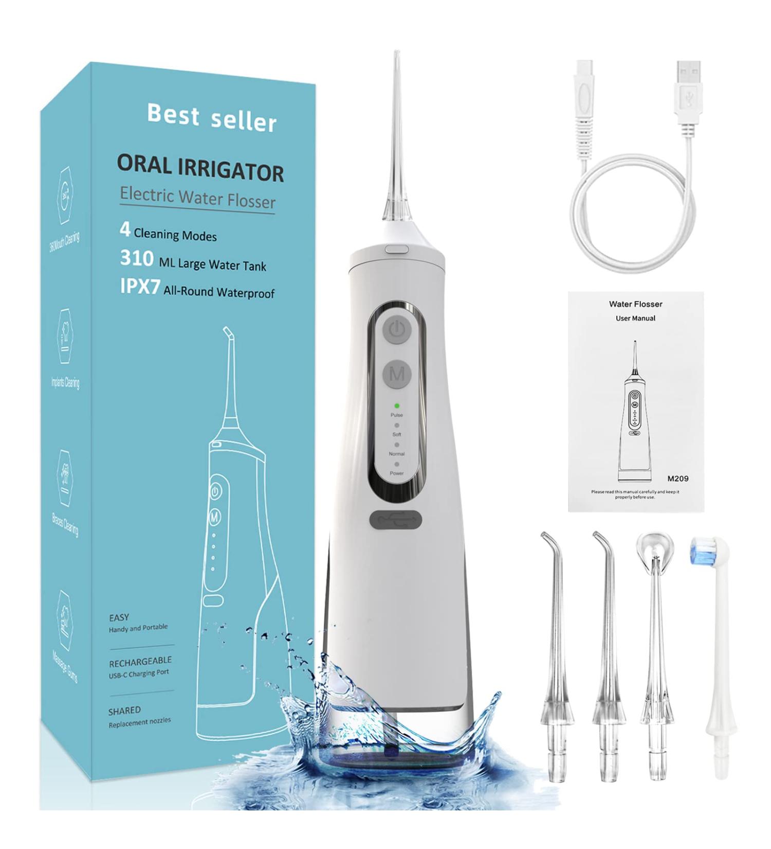 Cordless Water Flosser - 4 Modes, 4 Nozzles, 310ml Capacity, USB Charging, IPX7 Waterproof, Travel-friendly (White) - Buy Online on SooperMarket.com