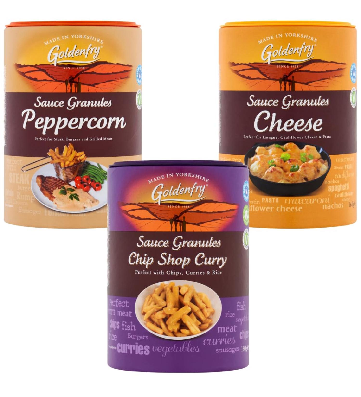 Gravy Granules Bundle With Goldenfry Chip Shop Curry Sauce Granules 160g Cheese Sauce Granules 160g and Peppercorn Sauce Granules 160g (3 Pack) - Buy Online on SooperMarket.com