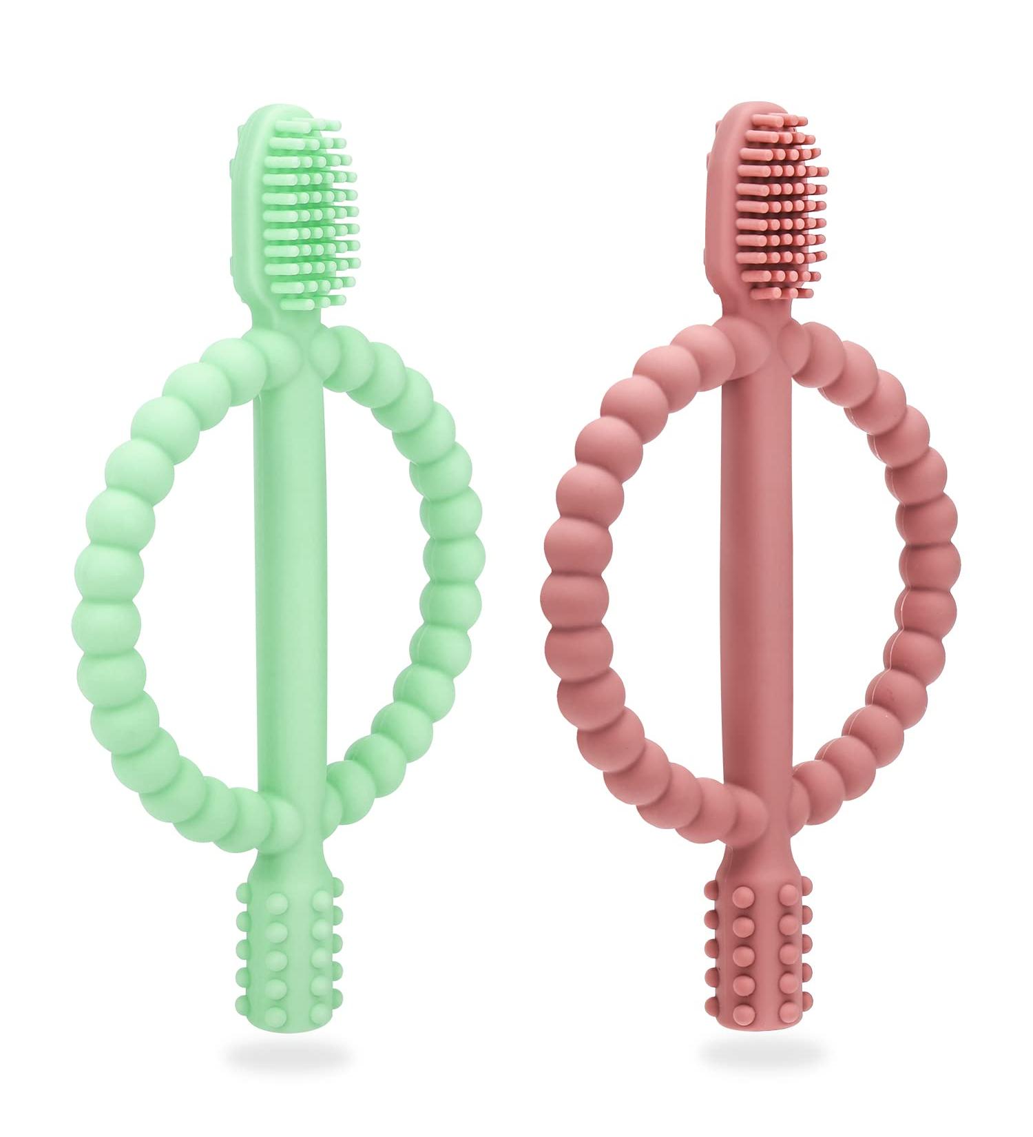 Buy BPA-Free Baby Biting Toys - 2 Pack Silicone Teething Rings for Kids Gum Massage - Bright Green & Caramel - Buy Online on SooperMarket.com