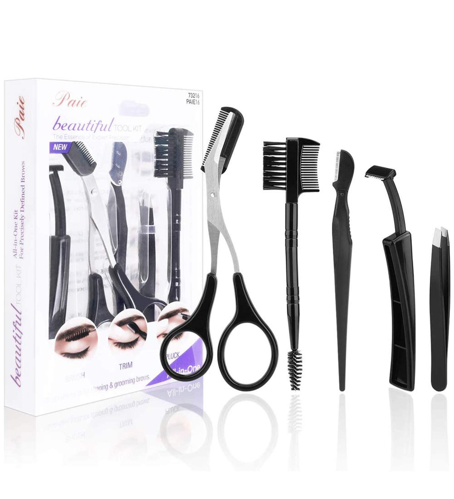 5PC Eyebrow Care Set - Professional Tweezers Curved Scissors & Shaving Brushes for Everyday & Travel Use - Durable Stainless Steel - Buy Online on SooperMarket.com