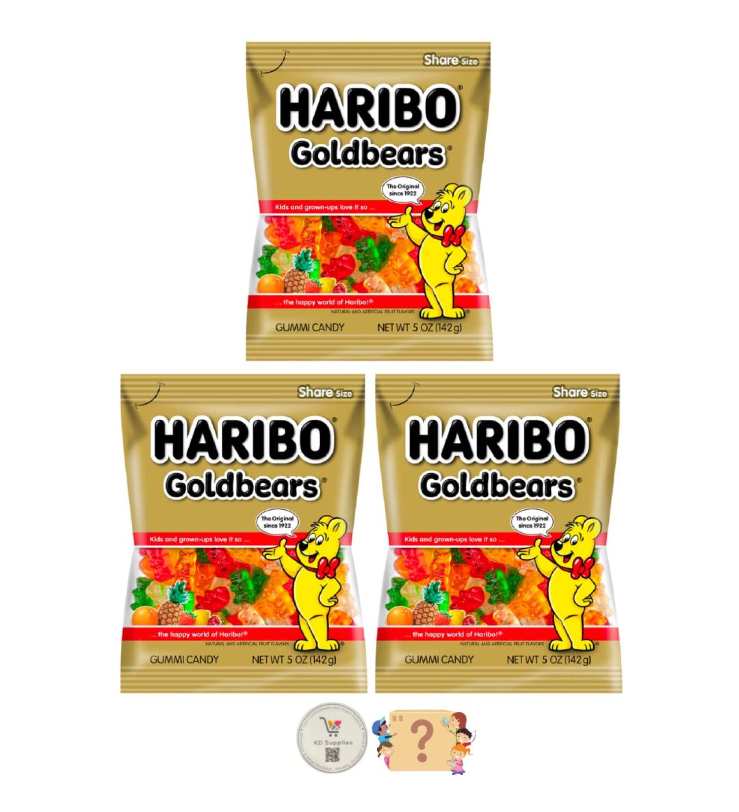 Haribo Gummi Candy Pack of 3 Share Size Peg Bags + Bonus Mystery Candy (5 oz) Gold Bears - Buy Online on SooperMarket.com