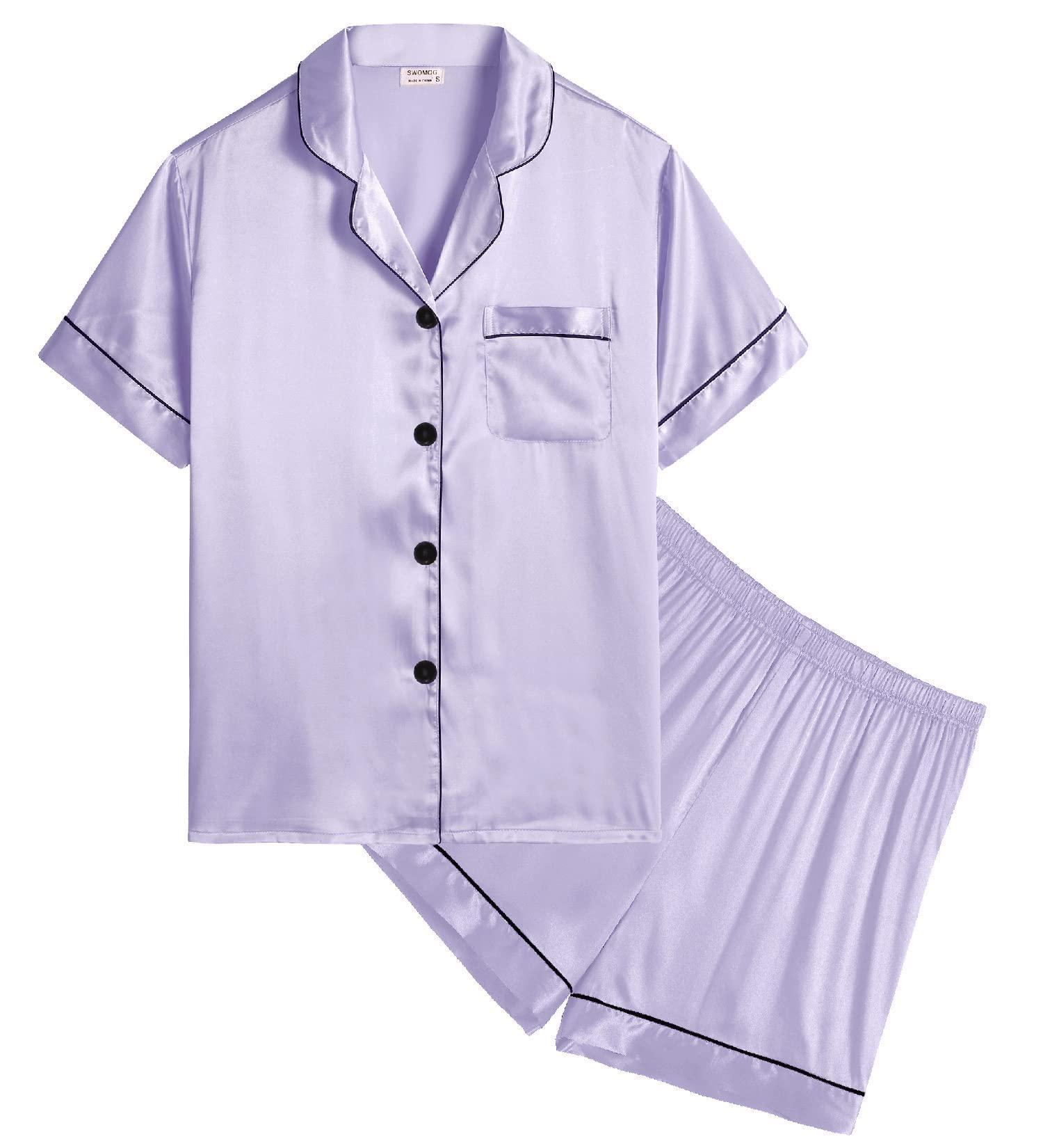SWOMOG Kids Silk Pyjamas - Short Sleeve Satin PJs Set for Girls & Boys | Lavender | Ages 8-9 Years - Buy Online on SooperMarket.com