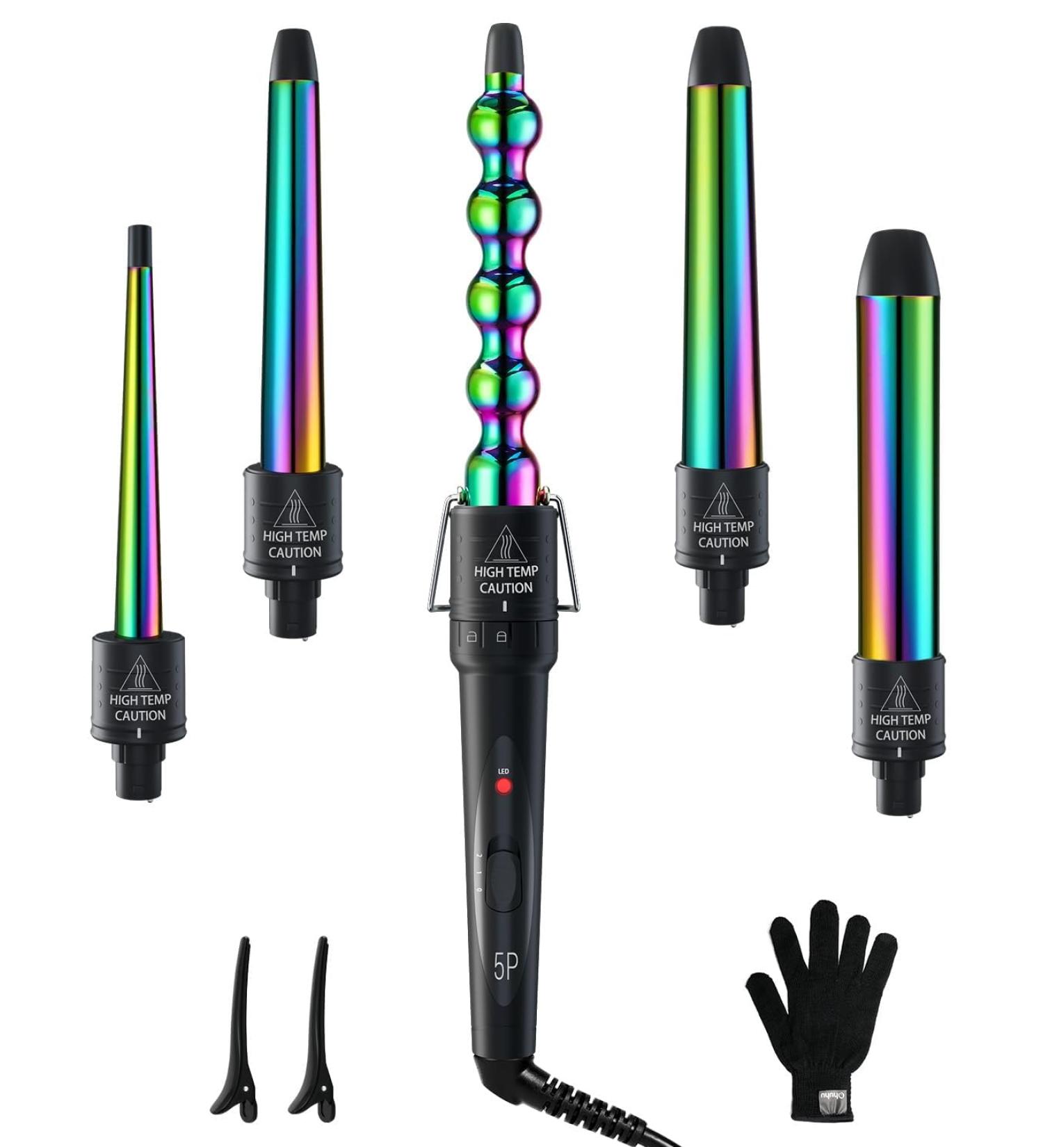5 in 1 Curling Iron Wand Set Ohuhu Upgrade Curling Waver With 5Pcs 0.35 to 1.25 Inch Interchangeable Ceramic Barrels and Heat Protective Glove for Women Gifts Rainbow Color Idea for Gift - Buy Online on SooperMarket.com
