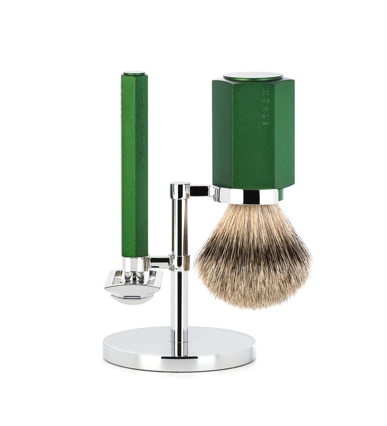 M HLE shaving set - Hexagon series - silvertip badger - safety razor - aluminum anodized forest