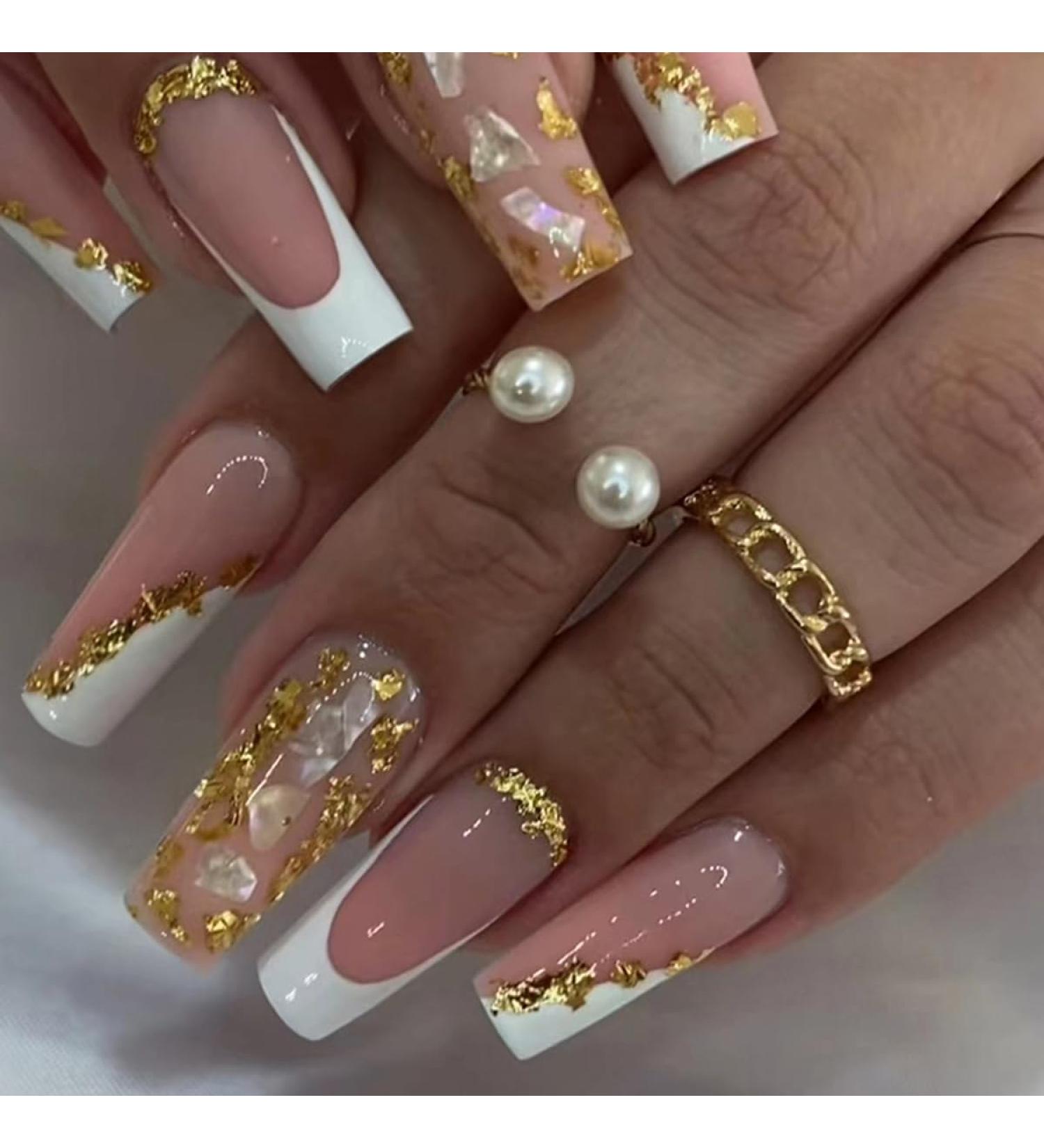 French Tip Press on Nails - Long Gold Foil Square Shape Reusable Gel Nails - 24 Pcs Glossy Nude Stick-On Nails for Women & Girls - Buy Online on SooperMarket.com