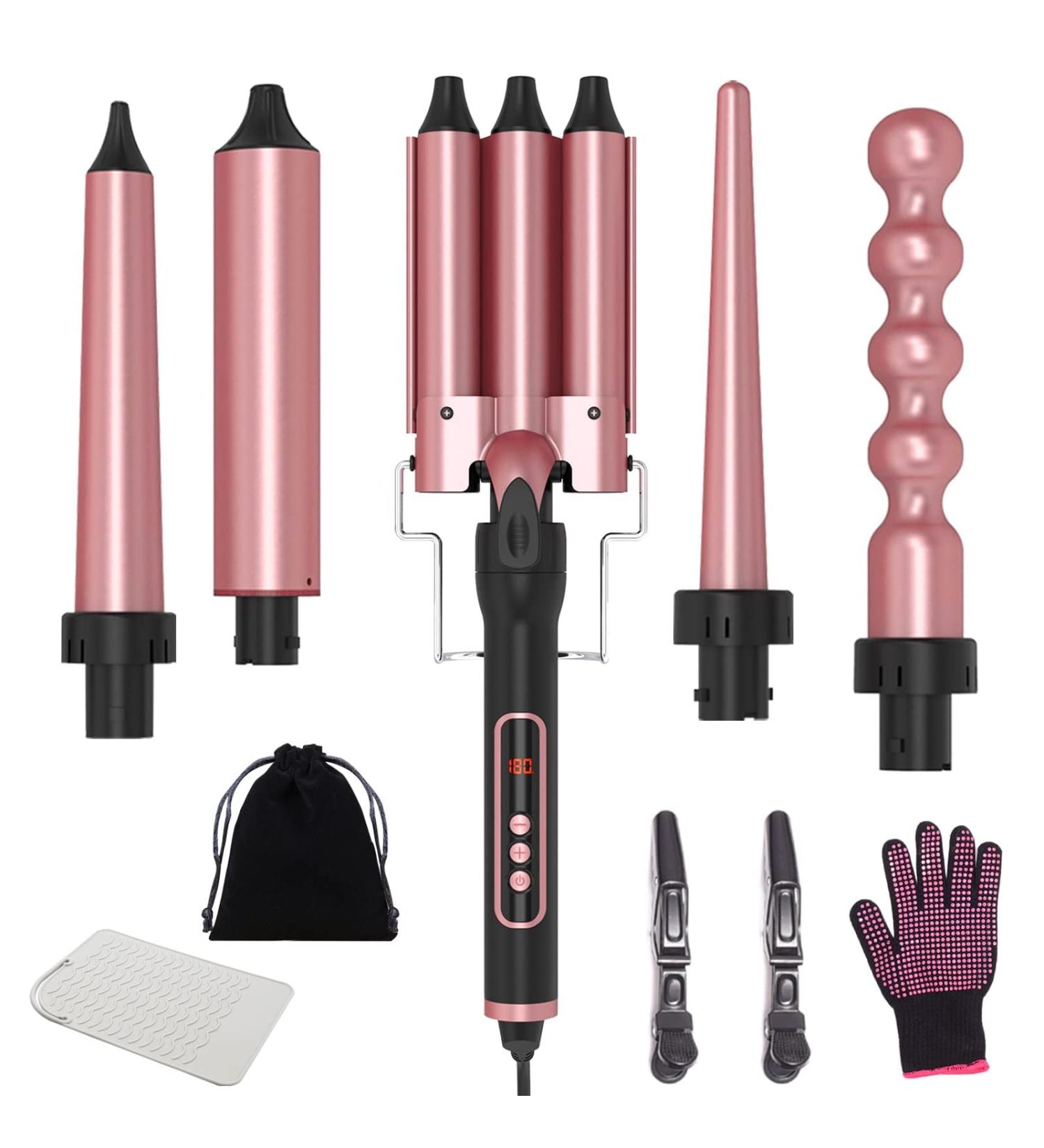 5-in-1 Ceramic Curling Wand Set with LCD Display - Interchangeable Waver Curling Iron for Long/Short Hair - Pink - Buy Online on SooperMarket.com
