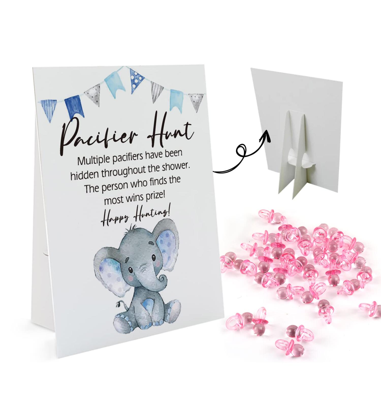 Elephant Baby Pacifier Hunt Gender Reveal Game Set - 8x10 Sign with 50 Mini Acrylic Pacifiers for Baby Shower Activities - Fun Games for Adults and Kids - Boy Baby Shower Games (BPH07) - Buy Online on SooperMarket.com
