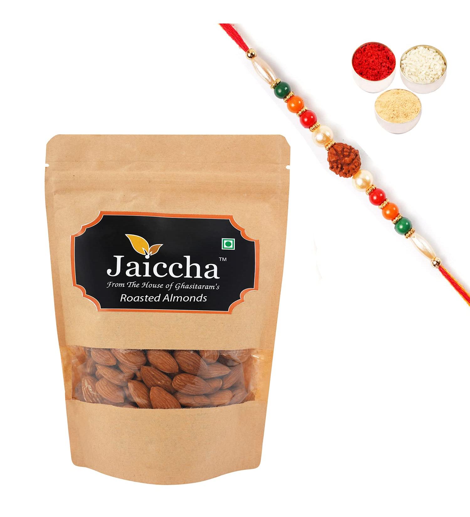 Jaiccha Ghasitaram Rakhi Gifts for Brothers Rakhi Dryfruits - Roasted Salted American/California Almonds 200 GMS in Brown Paper Pouch with Rudraksh Rakhi - Buy Online on SooperMarket.com