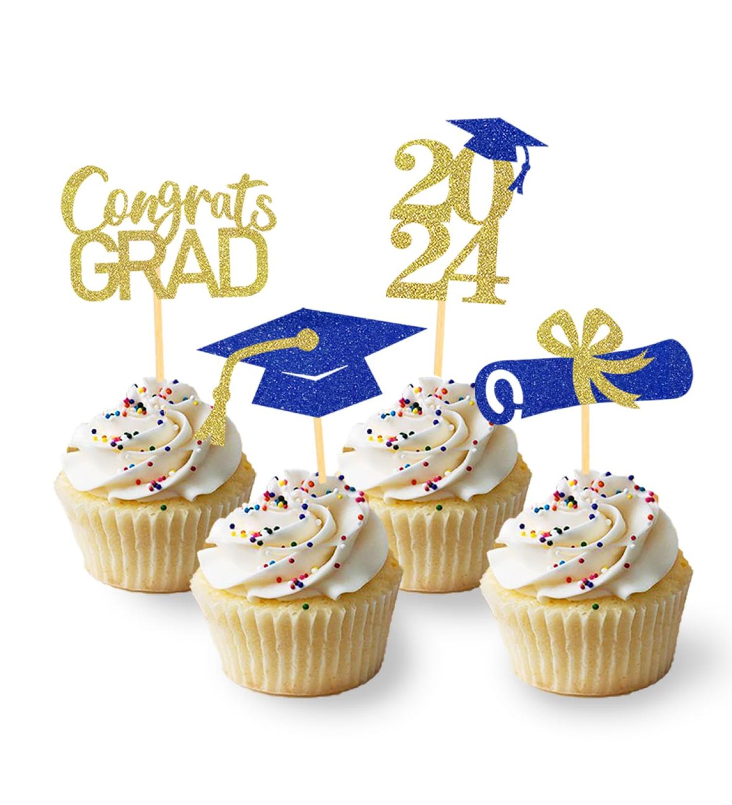 Pack of 24 Glitter 2024 Graduation Cupcake Toppers Graduation Cupcake Toppers Bachelor Hat Decoration Graduation Decoration for Graduation Party Decoration (Blue & Gold) - Buy Online on SooperMarket.com