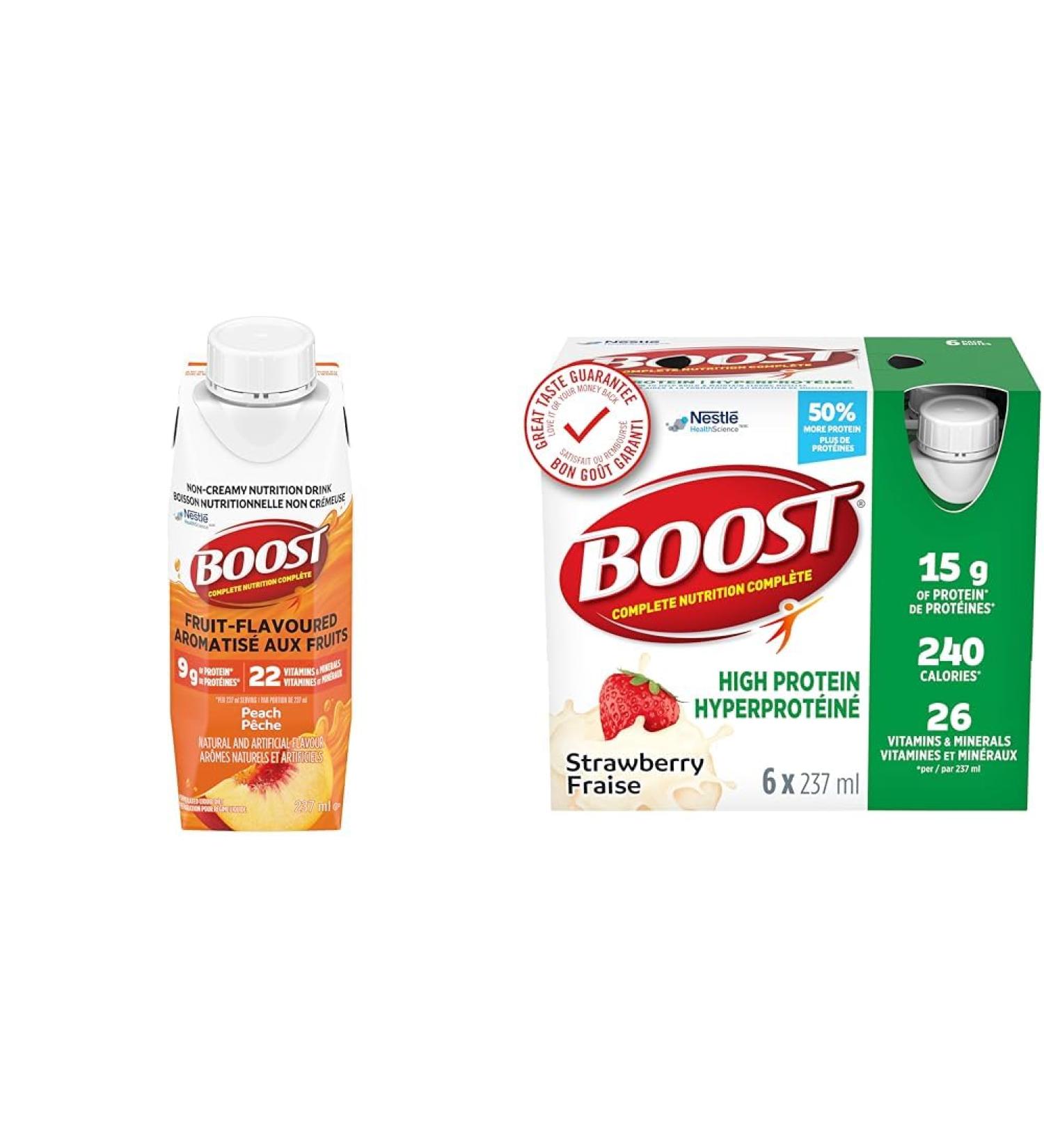Boost Fruit Flavoured Drink Peach 237ml 24 count & 15 g High Protein Meal Replacement Drink Strawberry 237 ml 6 Counts (Pack Of 4) - Buy Online on SooperMarket.com