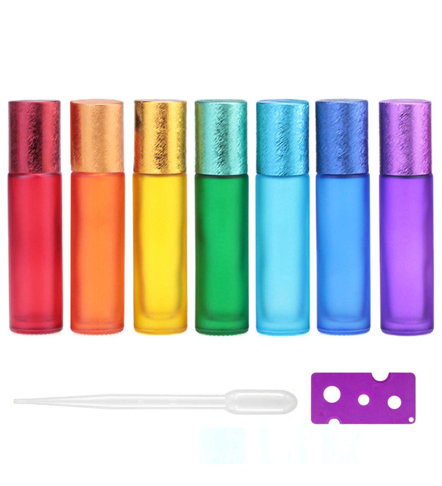 Alledomain 7-Piece Essential Oils Roller Bottle Set - Colorful Frosted Glass Refillable Aromatherapy Travel Bottles with Opener & Pipette - Buy Online on SooperMarket.com