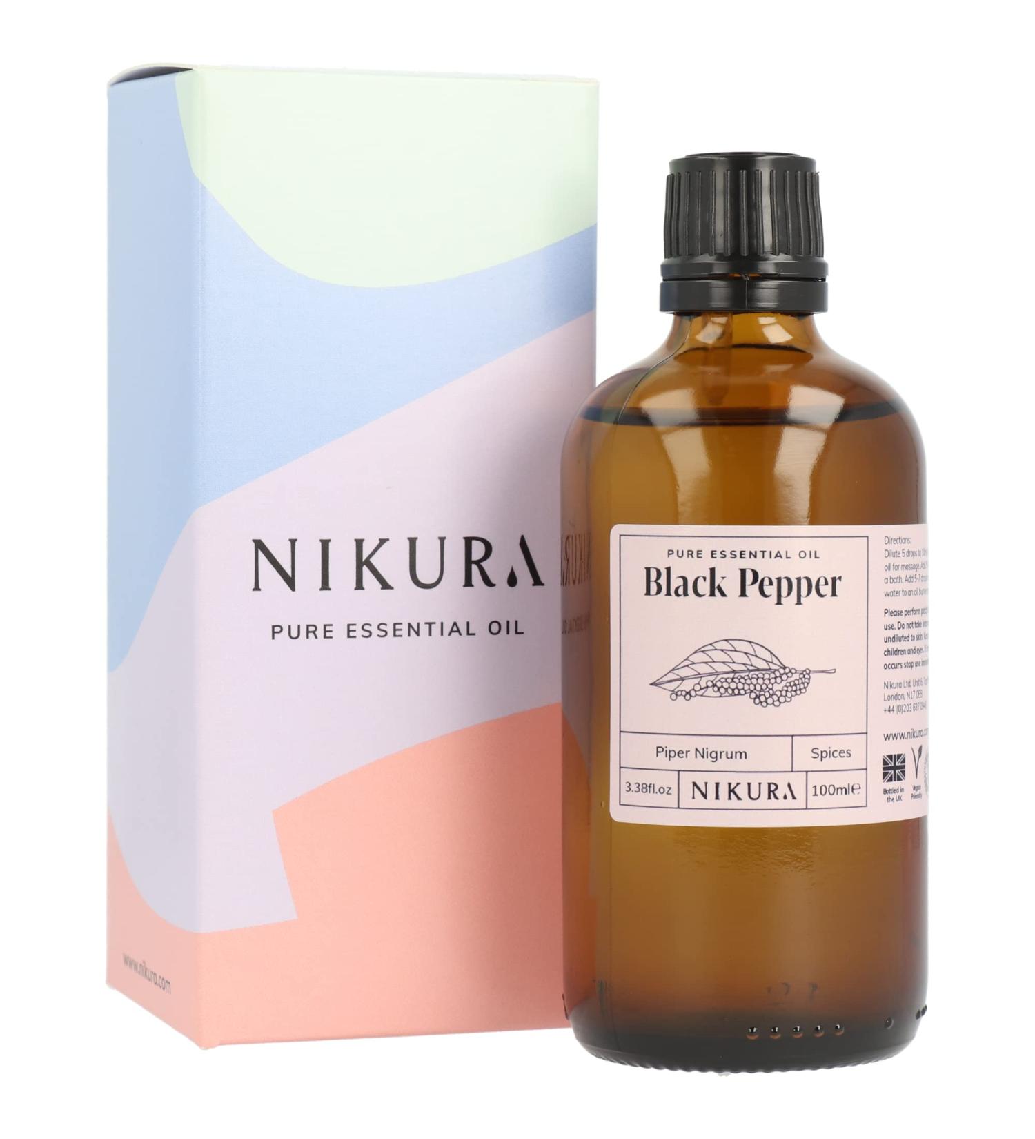 Nikura Black Pepper Essential Oil 100ml - 100% Pure Natural Oil for Aromatherapy, Soap, Candle Making - Stress Relief & Craving Management - Vegan & UK Made - Buy Online on SooperMarket.com