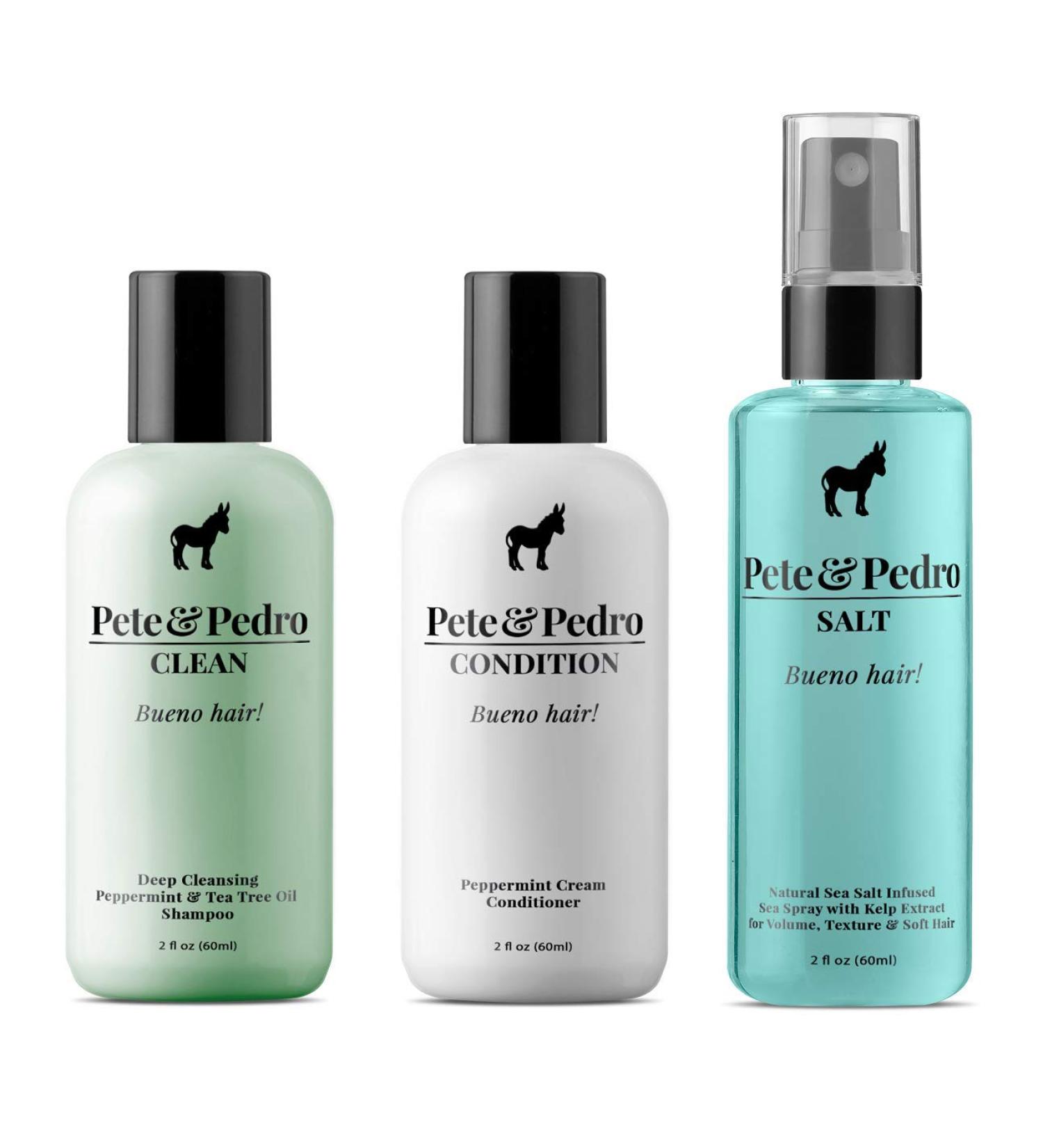 Pete & Pedro TRIFECTA Hair Kit - Men's Travel Size Tea Tree Shampoo Peppermint Conditioner & Sea Salt Spray | Shark Tank Featured 2 oz Each - Buy Online on SooperMarket.com