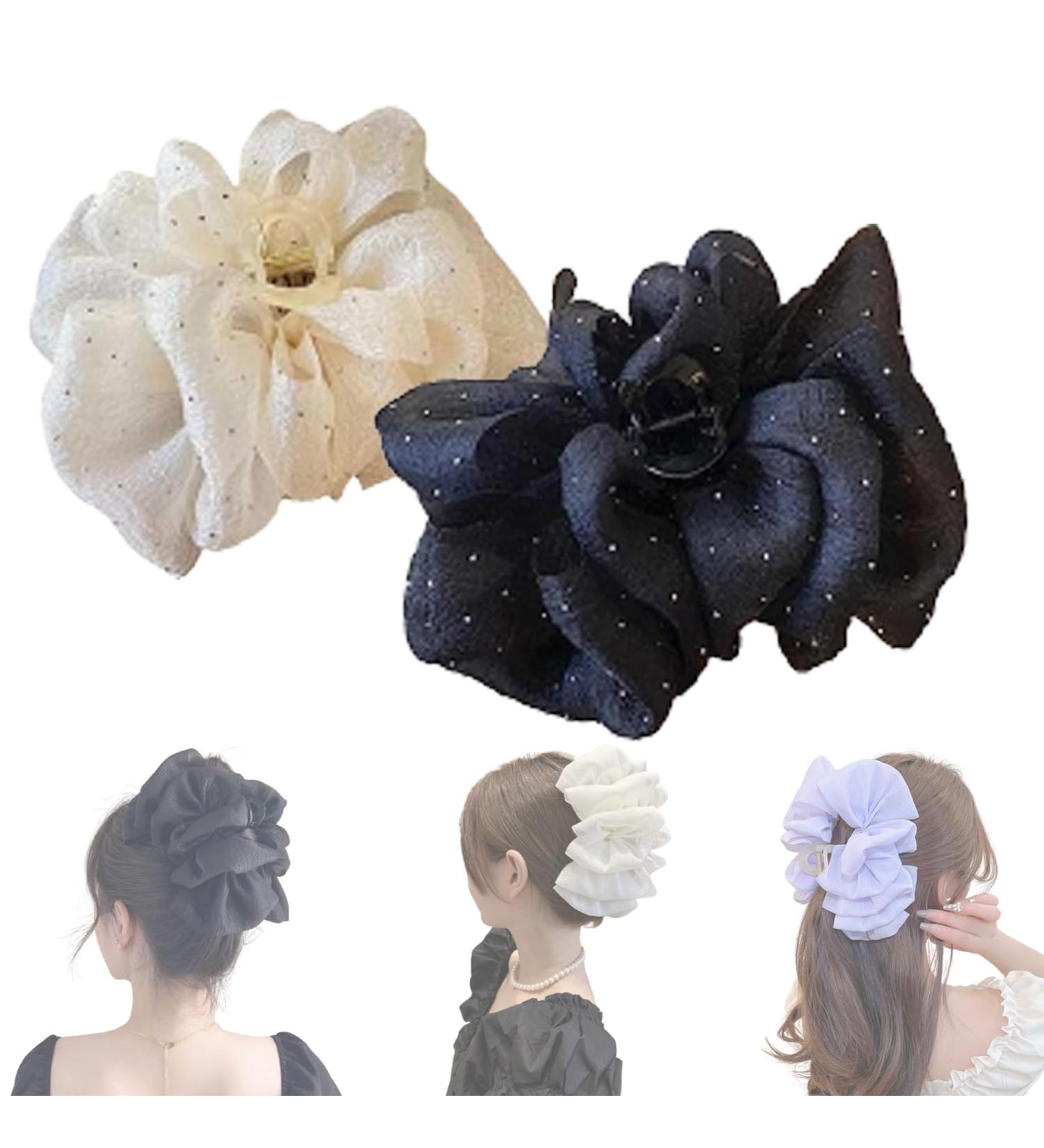 LONGLUAN Bow Bubble Clips Chiffon Silk Bubble Bow Hair Claw Jaw Clip Layered Bubble Mesh Tulle Fluffy Hair Clips Large Claw Clips for Thick Hair (2pcs-B) - Buy Online on SooperMarket.com