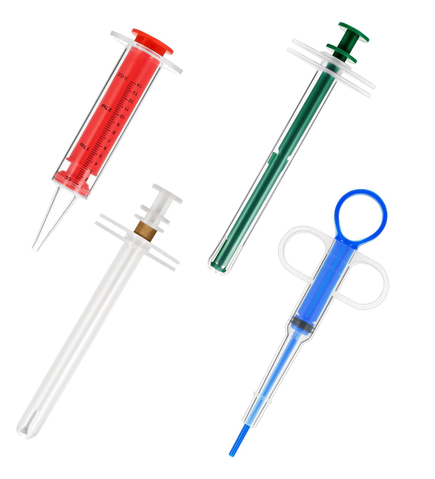 4-Piece Pet Pill Shooter Syringe Dispenser Set for Cats Dogs - Safe Reusable Medical Feeding Tool in Blue, Green, Red & White - Buy Online on SooperMarket.com