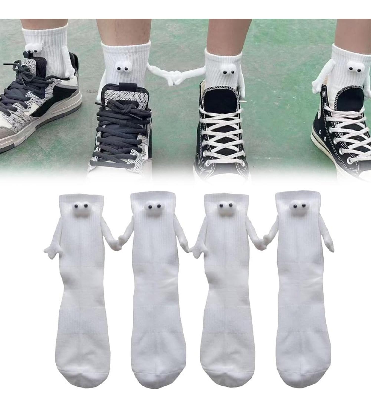 Couple Holding Hands Magnetic 3D Doll Socks - 2 Pair White Mid-Tube Funny Socks - Buy Online on SooperMarket.com