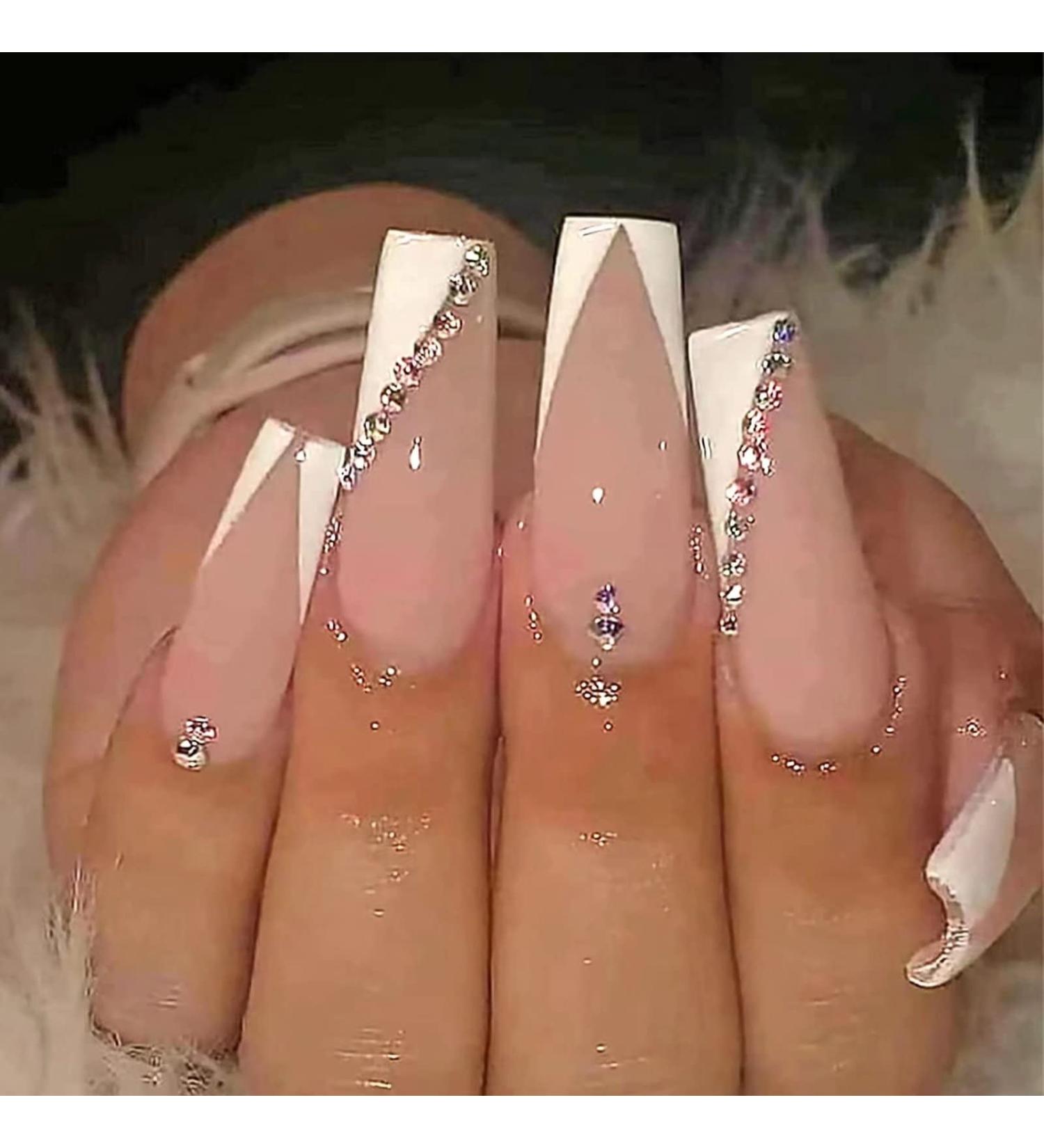 RUNRAYAY Pink & White French Rhinestone Fake Nails Long Press on Nails Art Kit for Women & Girls - Buy Online on SooperMarket.com