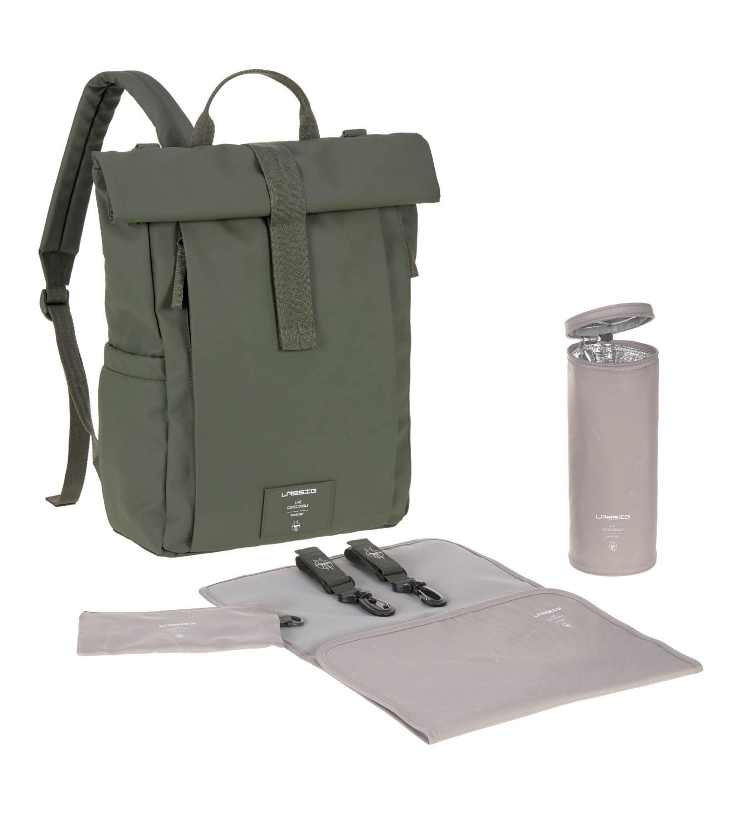 Eco-Friendly Casual Baby Changing Bag Backpack | Diaper Pad Stroller Attachment & Bottle Holder - GRE Rolltop Up in Olive - Buy Online on SooperMarket.com