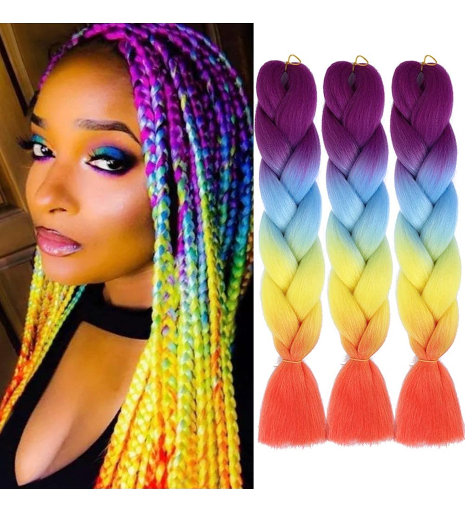 Ombre Rainbow Braiding Hair Extensions 24 Inch - 3 Pack Synthetic Jumbo Braiding Hair for Women - Purple/Blue/Yellow/Orange - High Temperature Twist Crochet Braids - Buy Online on SooperMarket.com