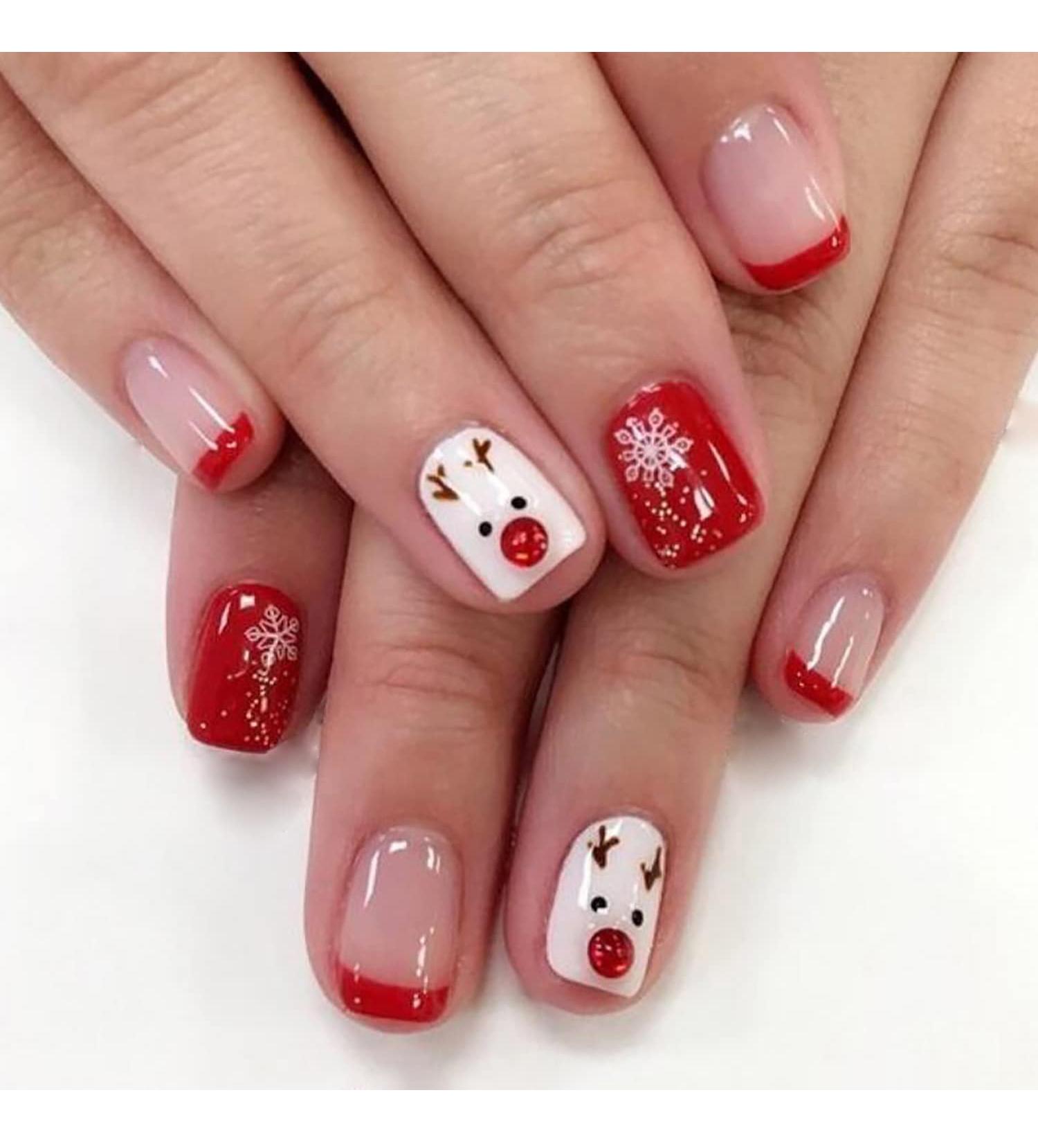 Christmas Short Square French Tip Press On Nails - Red Elk Snowflake Design - Winter Xmas Nail Art for Women - Style 2 - Buy Online on SooperMarket.com