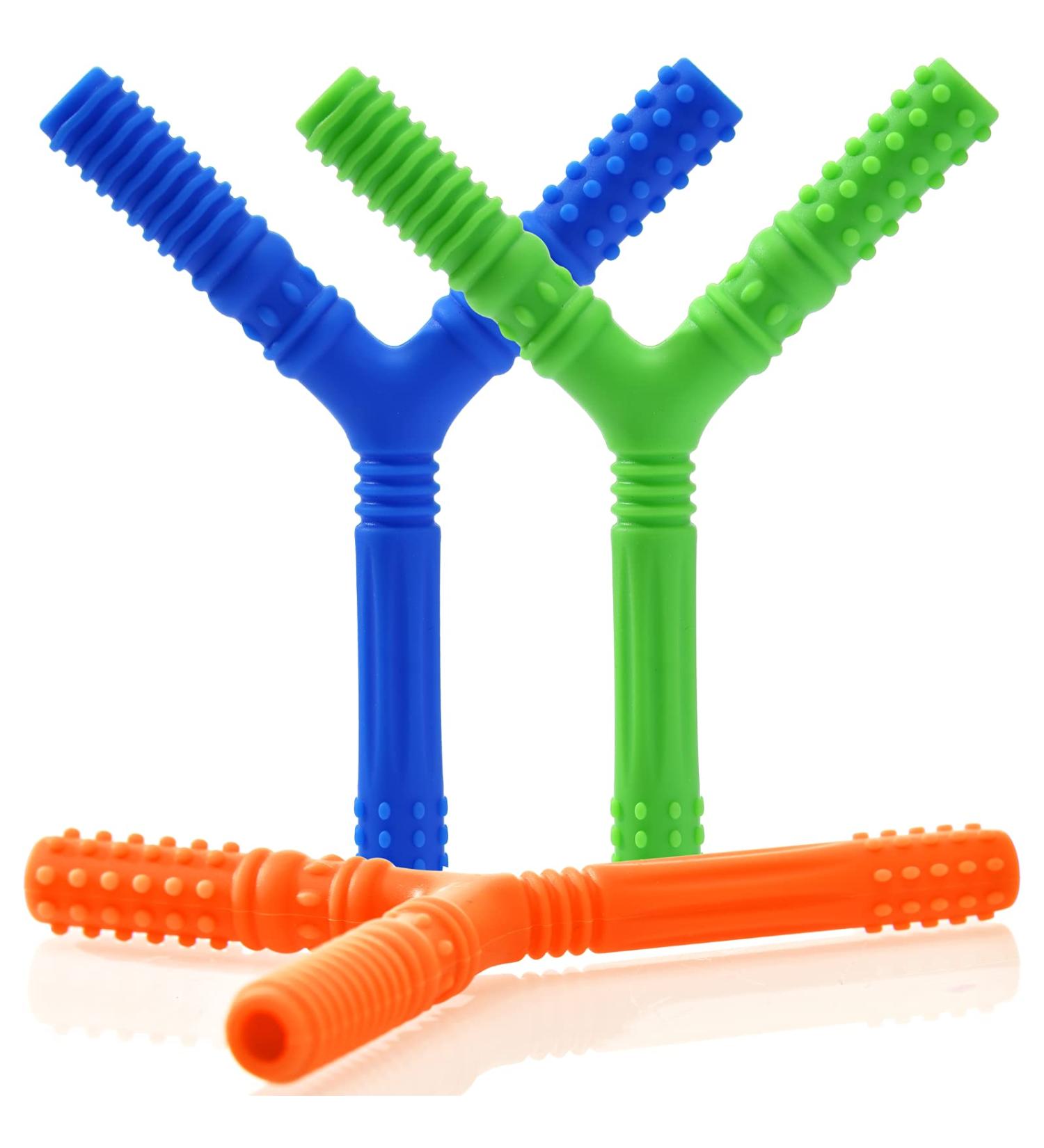 Sensory Chew Tubes 3-Pack for Babies 3+ Months - Silicone Teether Toys for Autistic and ADHD Chewers - Y Style Teether in Green, Blue, Orange - Buy Online on SooperMarket.com